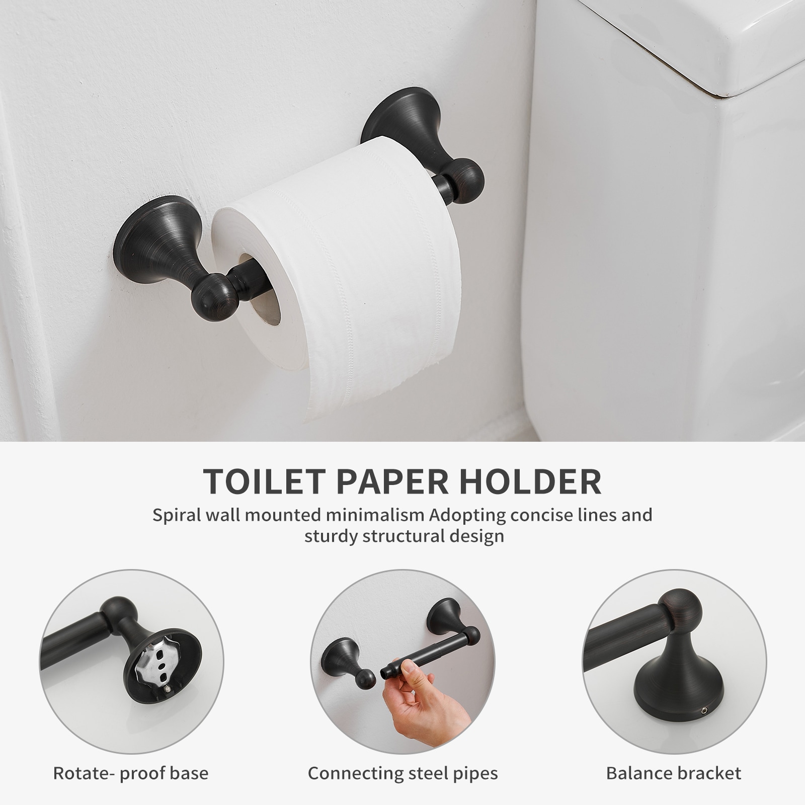 Juego de Accesorios de Baño Decorativos de Bronce Aceitado de 4 Piezas - Barra de Toallas, Porta Papel de Baño, Argolla de Toalla, Gancho para Batas Incluido TBS001-4-ORB