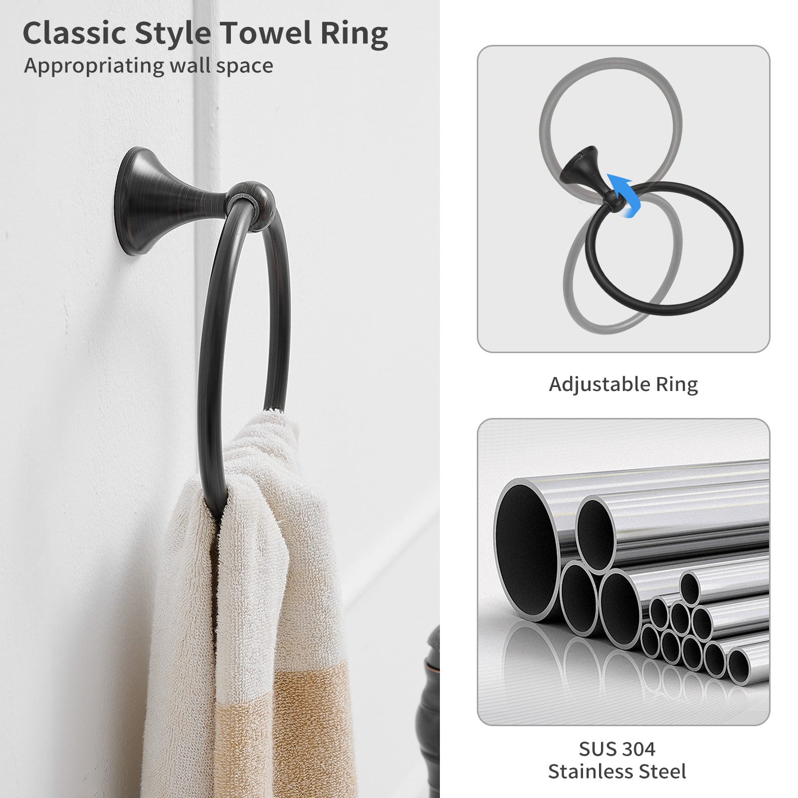 Juego de Accesorios de Baño Decorativos de Bronce Aceitado de 4 Piezas - Barra de Toallas, Porta Papel de Baño, Argolla de Toalla, Gancho para Batas Incluido TBS001-4-ORB