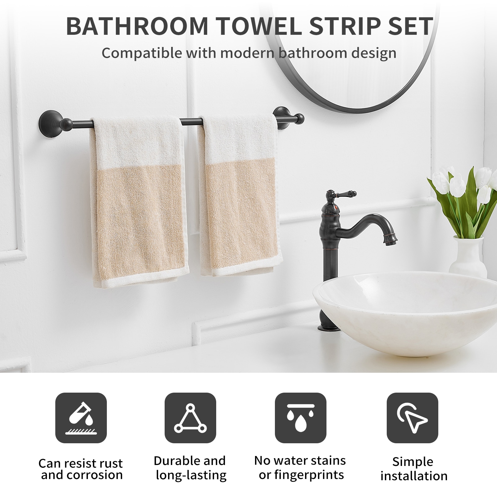 Juego de Accesorios de Baño Decorativos de Bronce Aceitado de 4 Piezas - Barra de Toallas, Porta Papel de Baño, Argolla de Toalla, Gancho para Batas Incluido TBS001-4-ORB