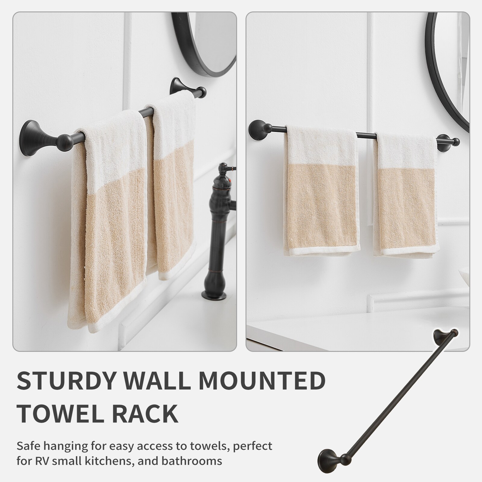 Juego de Accesorios de Baño Decorativos de Bronce Aceitado de 4 Piezas - Barra de Toallas, Porta Papel de Baño, Argolla de Toalla, Gancho para Batas Incluido TBS001-4-ORB