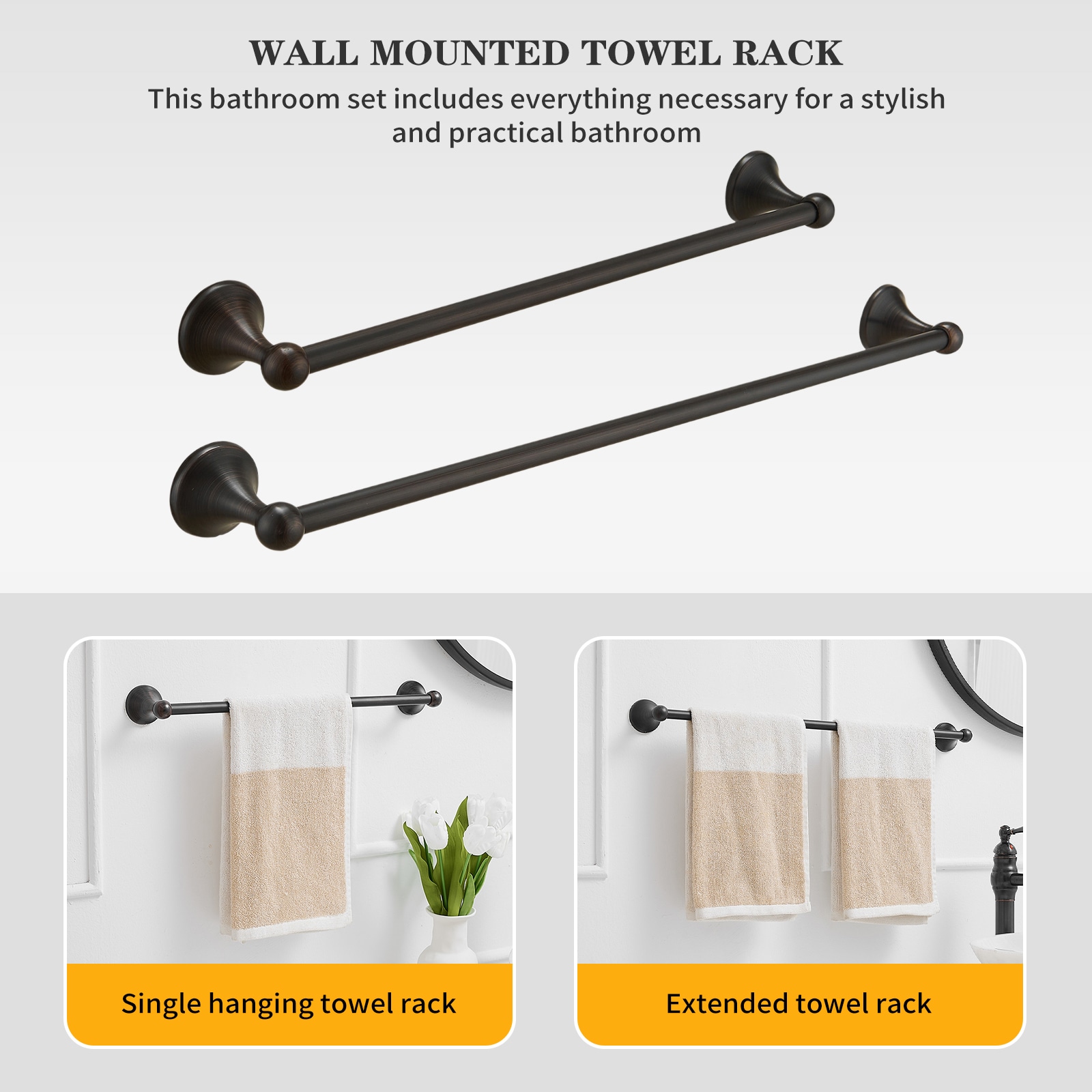Juego de accesorios decorativos para baño de bronce frotado con aceite de 5 piezas incluye barra de toallas, porta papel higiénico, argolla para toallas, gancho para batas.