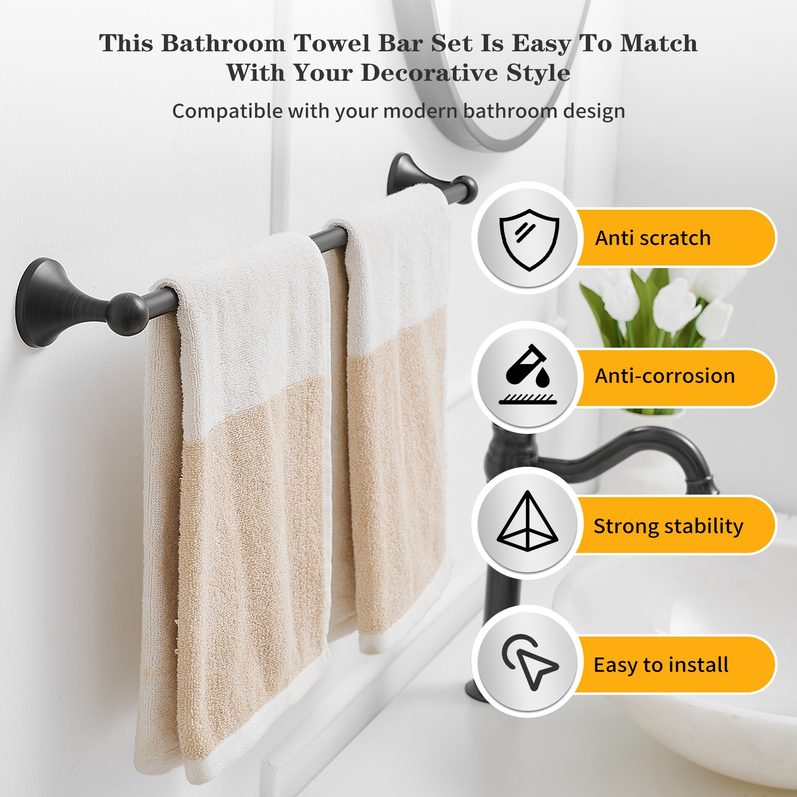 Juego de accesorios decorativos para baño de bronce frotado con aceite de 5 piezas incluye barra de toallas, porta papel higiénico, argolla para toallas, gancho para batas.