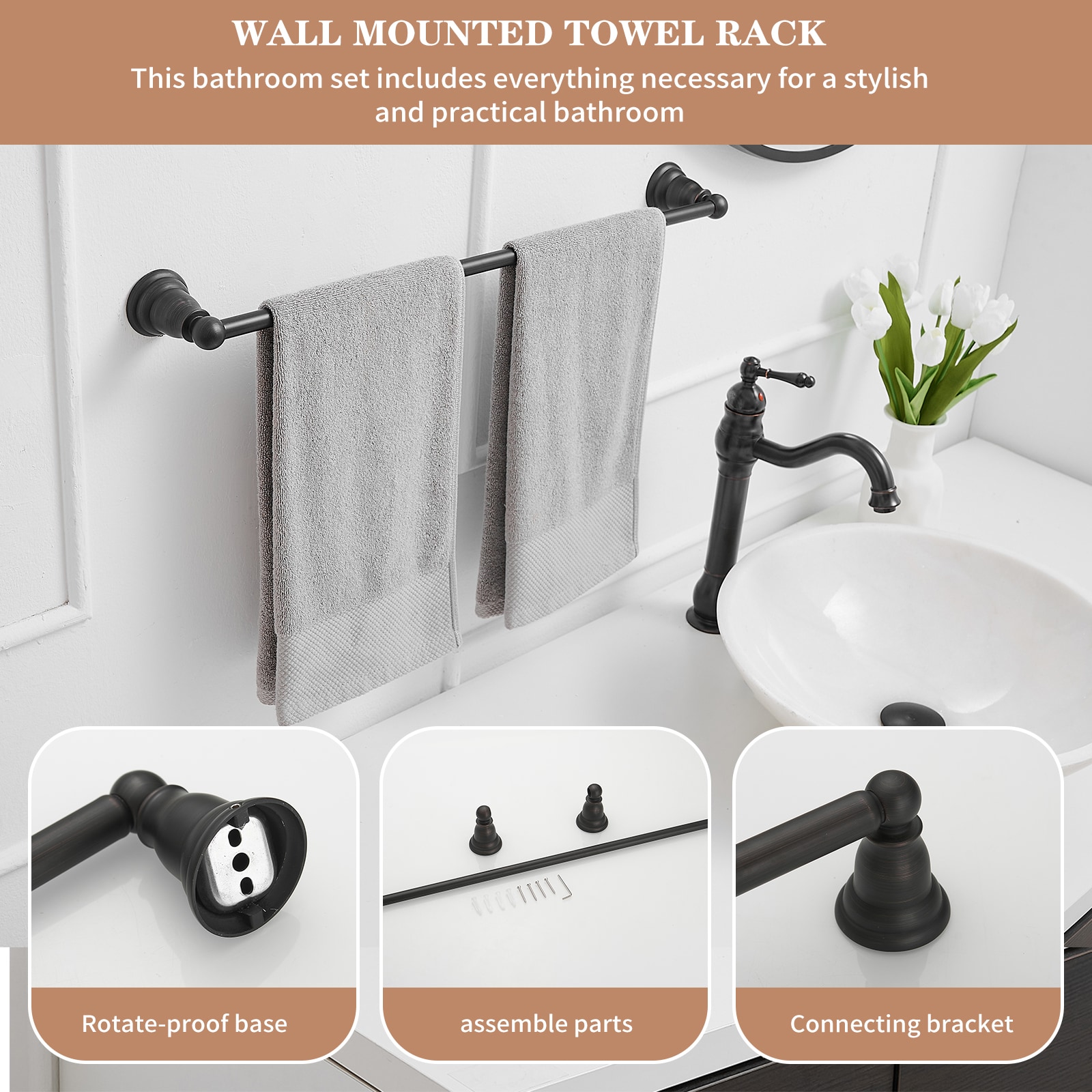Juego de Accesorios de Baño Decorativo de 5 Piezas en Bronce envejecido - Barra para toalla, Portarrollos, Anillo para toalla, Gancho para bata incluido TBS004-5-ORB