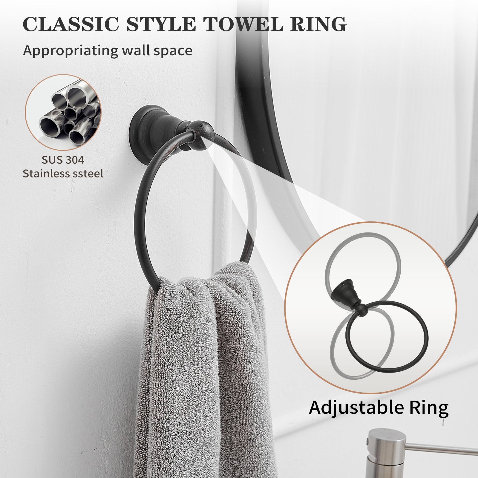 Juego de Accesorios de Baño Decorativo de 5 Piezas en Bronce envejecido - Barra para toalla, Portarrollos, Anillo para toalla, Gancho para bata incluido TBS004-5-ORB
