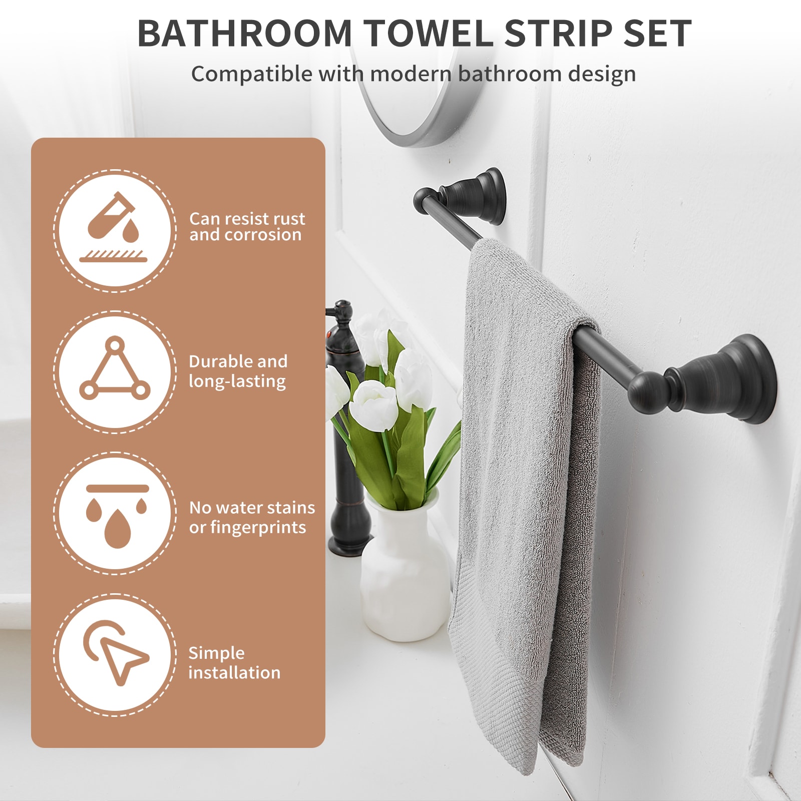 Juego de Accesorios de Baño Decorativo de 5 Piezas en Bronce envejecido - Barra para toalla, Portarrollos, Anillo para toalla, Gancho para bata incluido TBS004-5-ORB