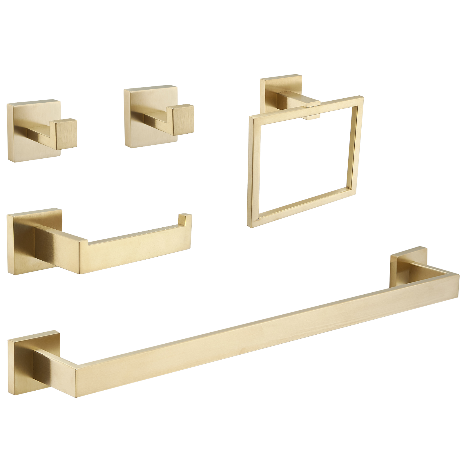 Juego de Accesorios de Baño Decorativos en Color Oro Cepillado de 5 Piezas - Barra para Toallas, Portarrollos de Papel, Anillo para Toallas, Gancho para Batas incluido A-91012-S-G-2