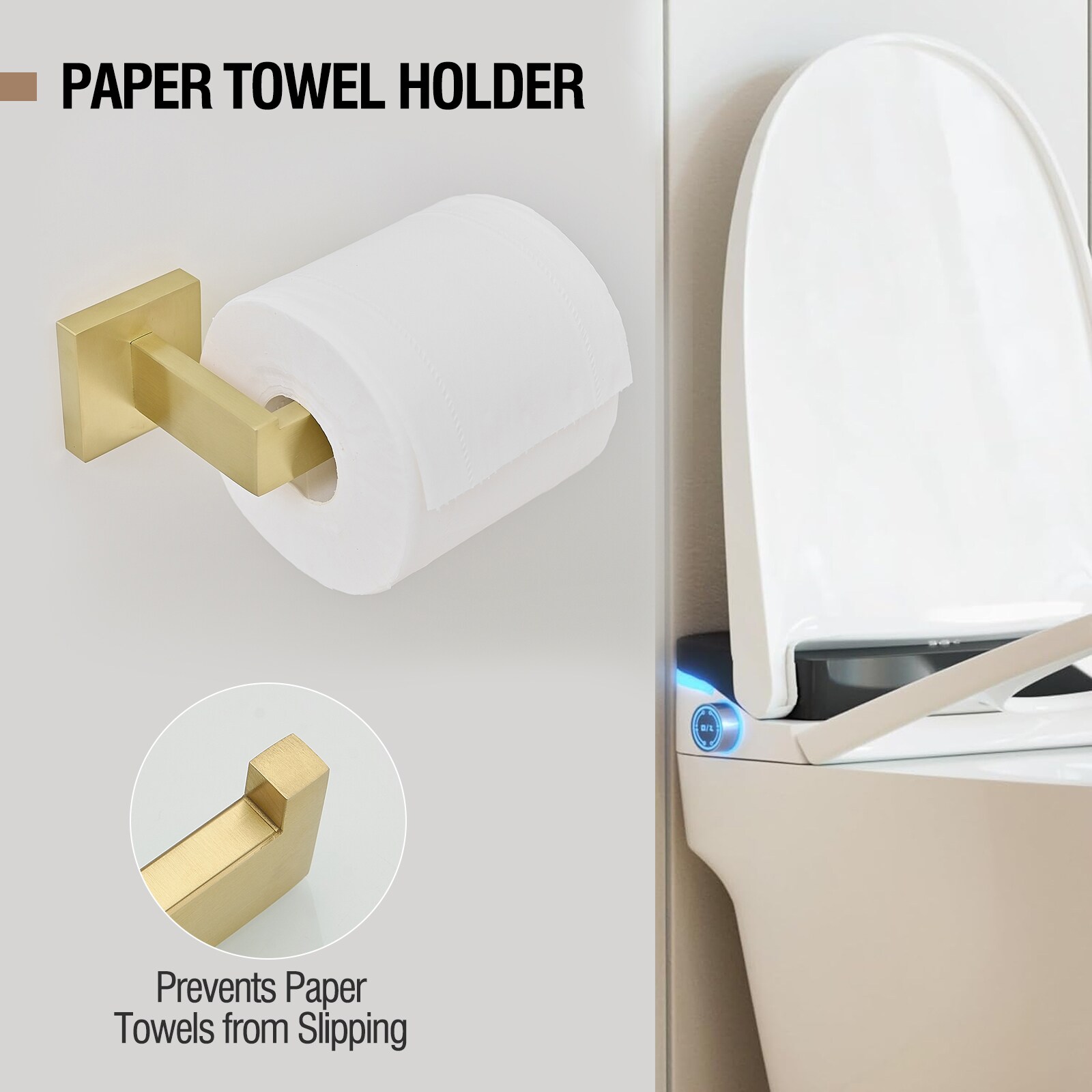 Juego de Accesorios de Baño Decorativos en Color Oro Cepillado de 5 Piezas - Barra para Toallas, Portarrollos de Papel, Anillo para Toallas, Gancho para Batas incluido A-91012-S-G-2