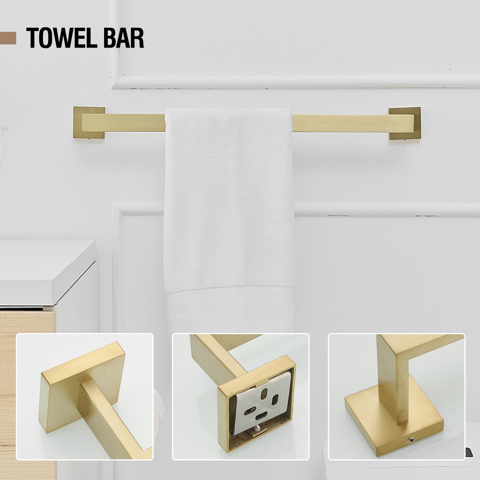 Juego de Accesorios de Baño Decorativos en Color Oro Cepillado de 5 Piezas - Barra para Toallas, Portarrollos de Papel, Anillo para Toallas, Gancho para Batas incluido A-91012-S-G-2