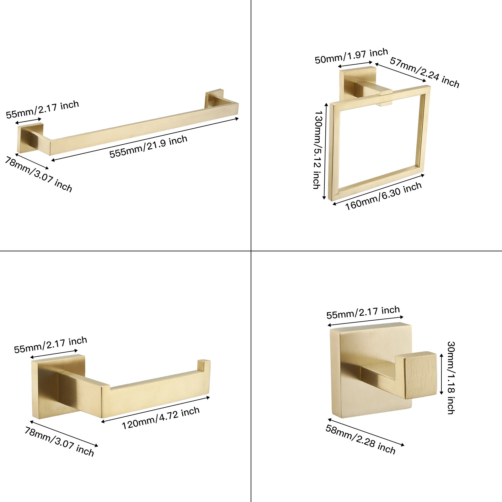 Juego de Accesorios de Baño Decorativos en Color Oro Cepillado de 5 Piezas - Barra para Toallas, Portarrollos de Papel, Anillo para Toallas, Gancho para Batas incluido A-91012-S-G-2