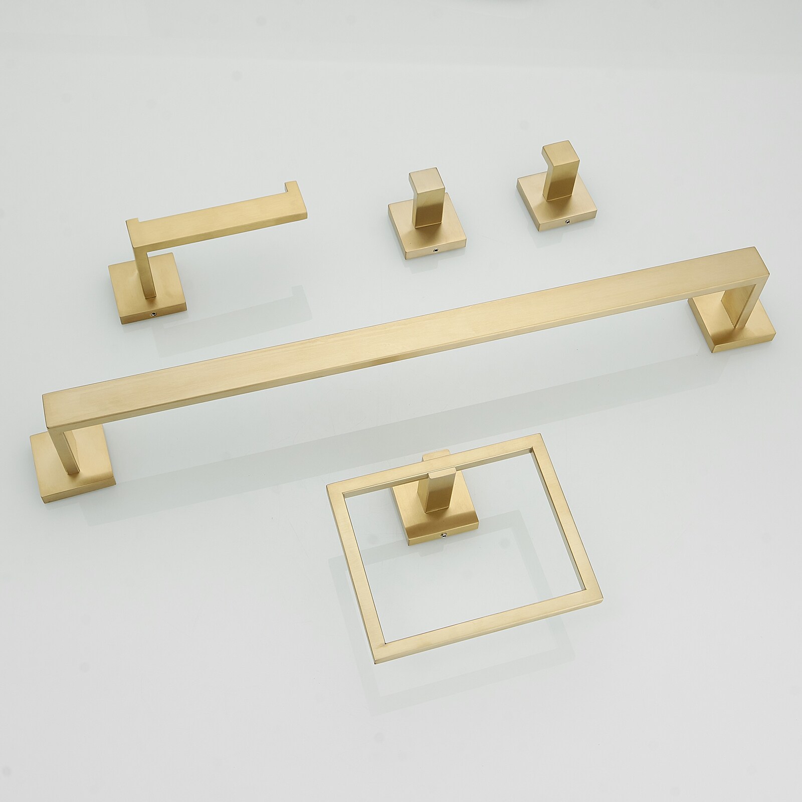 Juego de Accesorios de Baño Decorativos en Color Oro Cepillado de 5 Piezas - Barra para Toallas, Portarrollos de Papel, Anillo para Toallas, Gancho para Batas incluido A-91012-S-G-2