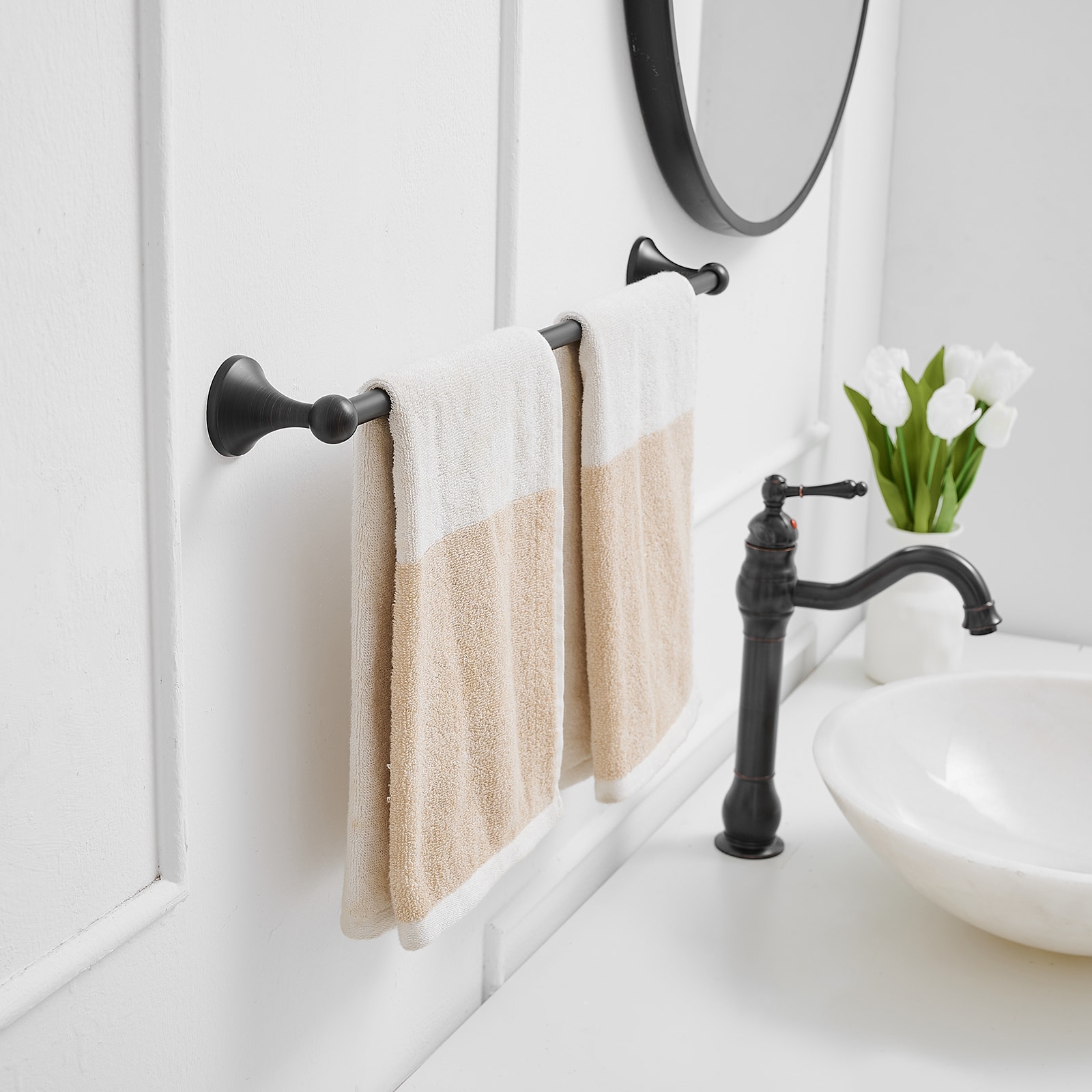 Juego de accesorios decorativos para baño de 2 piezas en bronce aceitado - Barra para toallas y anillo para toallas incluidos