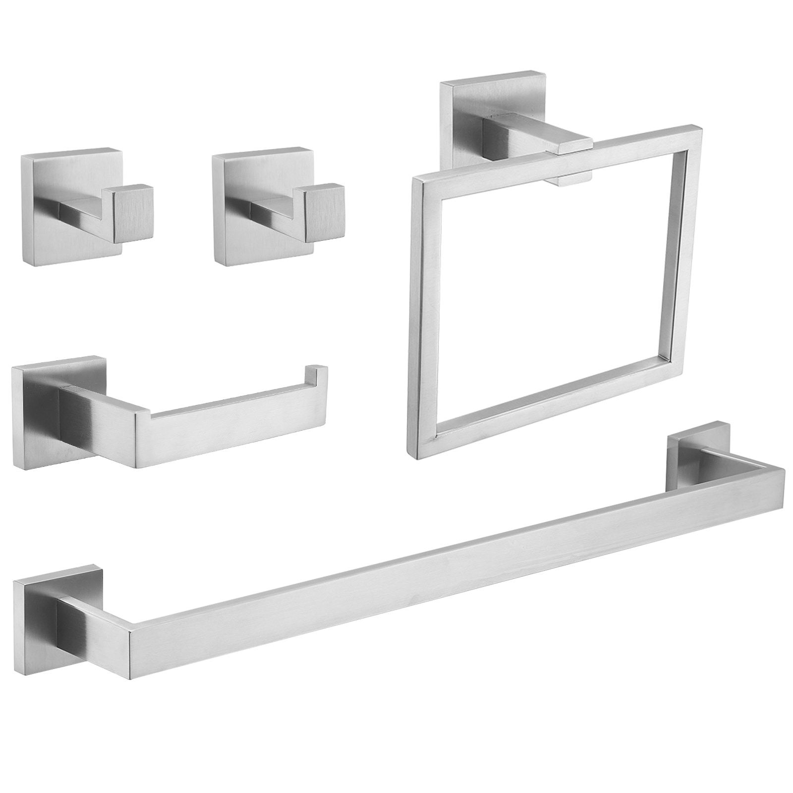 Juego de Accesorios de Baño Decorativos de Níquel Cepillado de 5 Piezas - Barra para Toallas, Porta Papel Higiénico, Argolla para Toallas, Gancho para Batas incluidos A-91012-S-N-2
