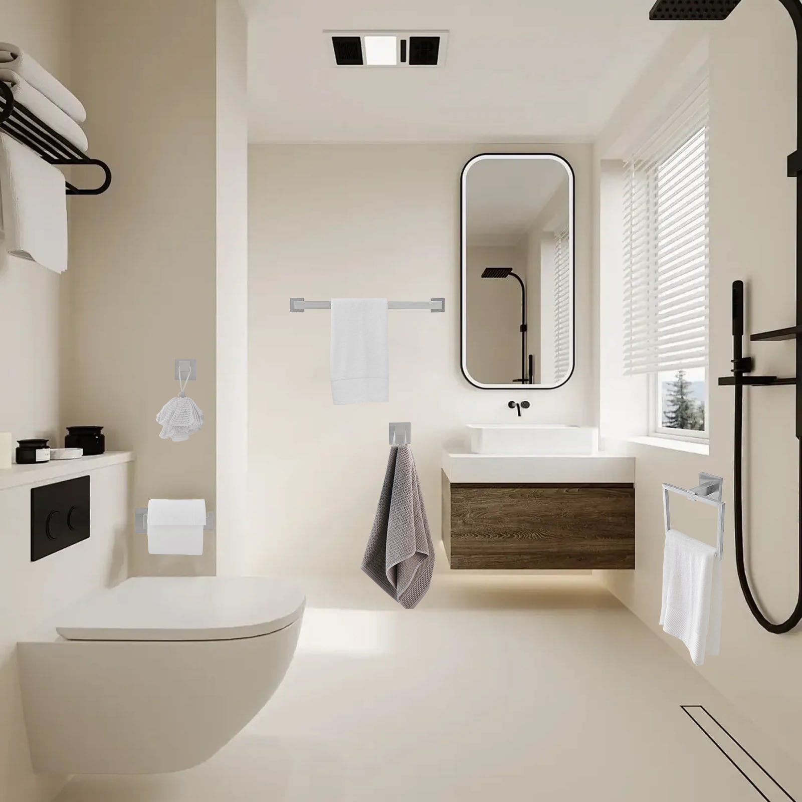 Juego de Accesorios de Baño Decorativos de Níquel Cepillado de 5 Piezas - Barra para Toallas, Porta Papel Higiénico, Argolla para Toallas, Gancho para Batas incluidos A-91012-S-N-2