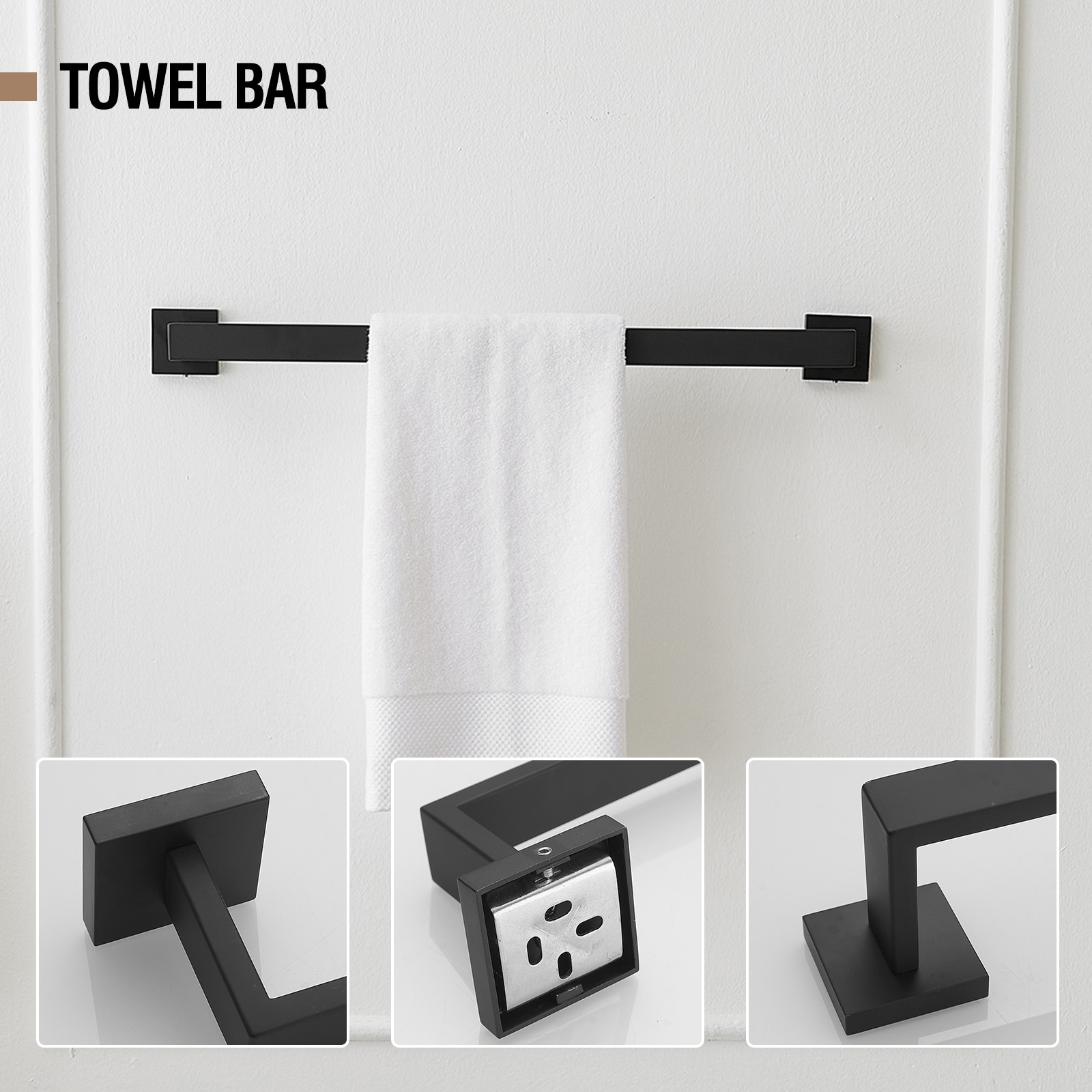Juego de accesorios de baño decorativos en negro mate de 5 piezas incluye barra de toallas, portarrollos, anillo de toalla y gancho para batas - Modelo A-91012-S-B-2