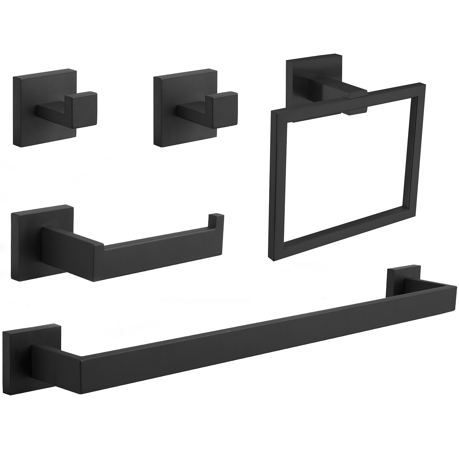Juego de accesorios de baño decorativos en negro mate de 5 piezas incluye barra de toallas, portarrollos, anillo de toalla y gancho para batas - Modelo A-91012-S-B-2