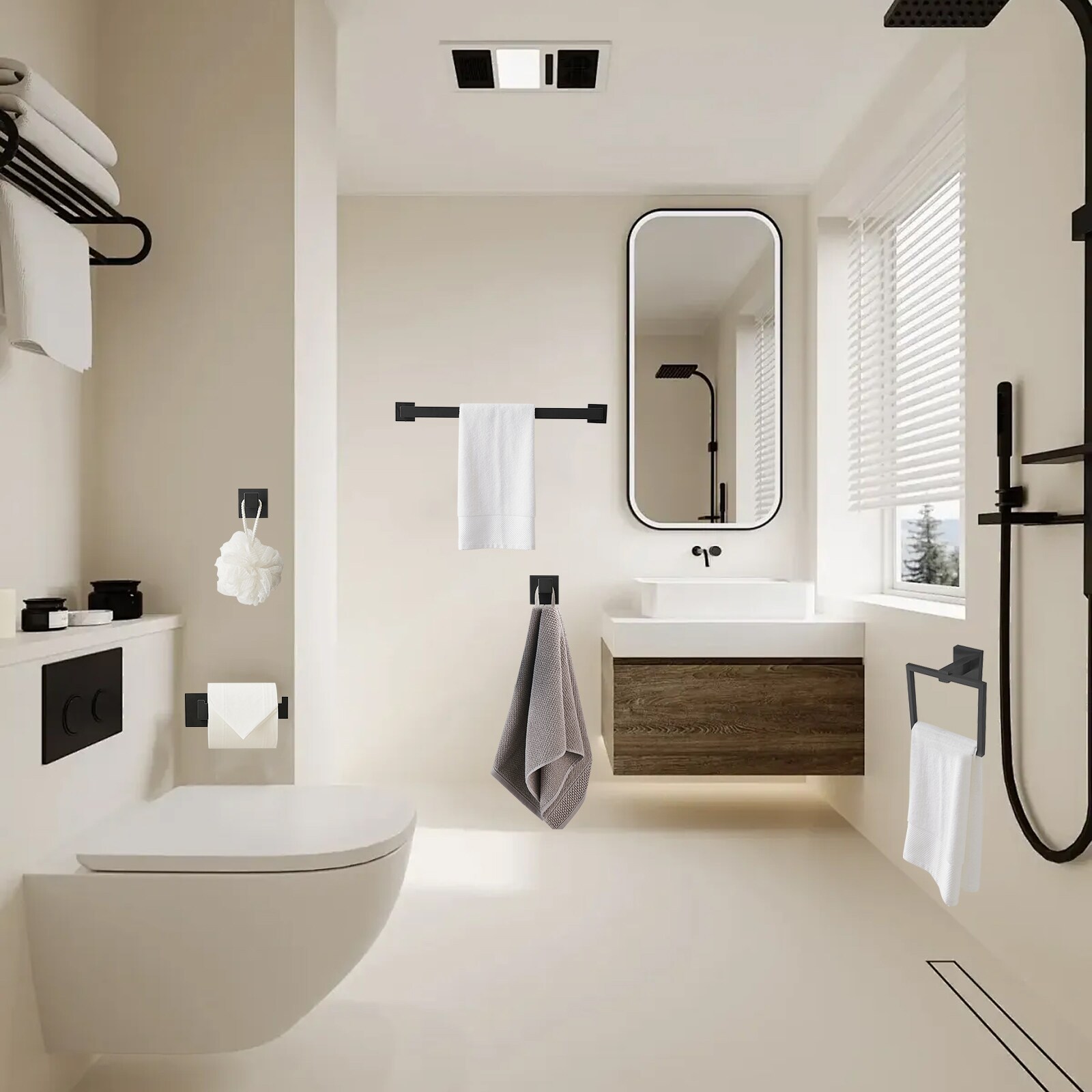 Juego de accesorios de baño decorativos en negro mate de 5 piezas incluye barra de toallas, portarrollos, anillo de toalla y gancho para batas - Modelo A-91012-S-B-2