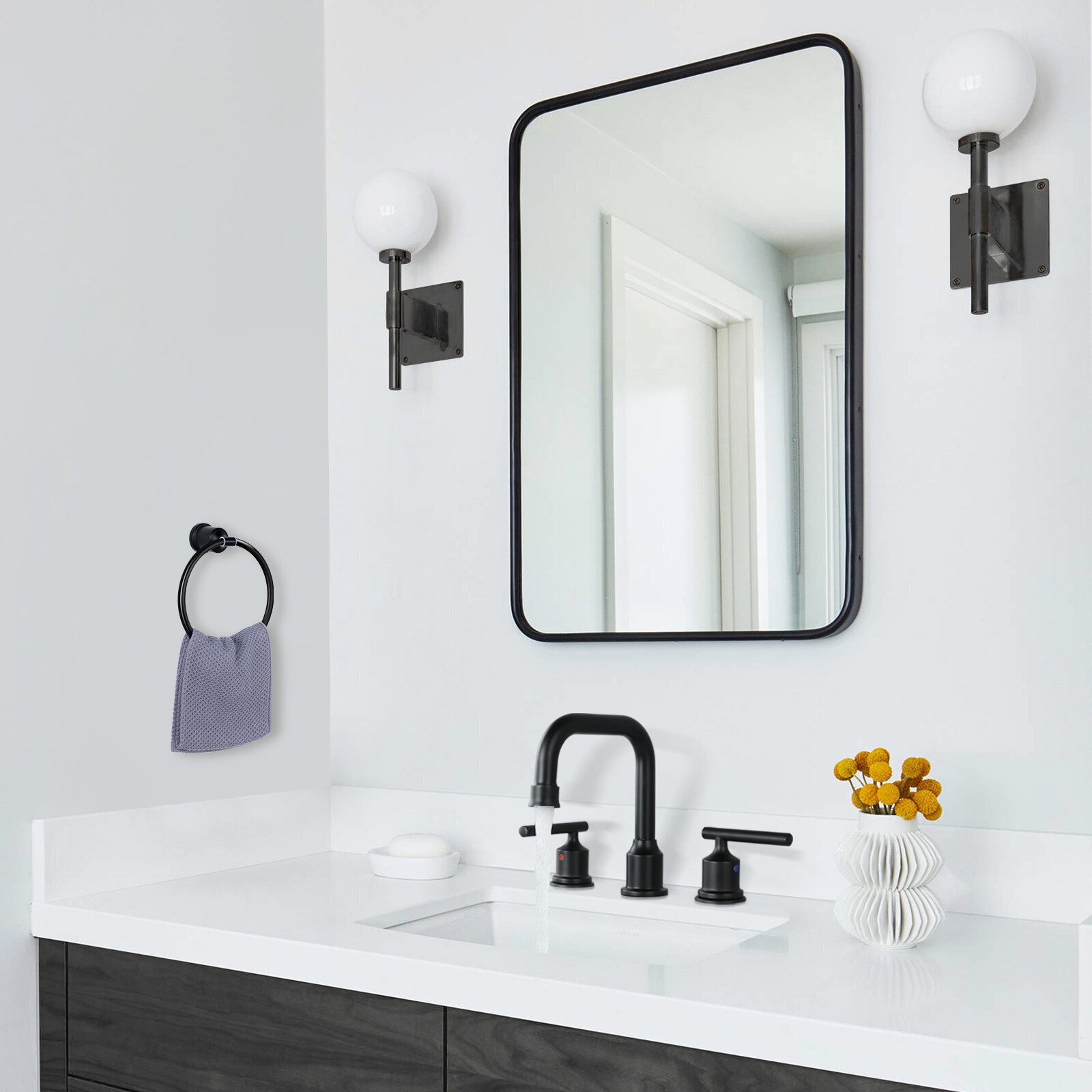Set de accesorios de baño decorativos negro de 4 piezas WOWOW - Porta papel higiénico, anillo para toallas, gancho para batas incluidos 4031201B