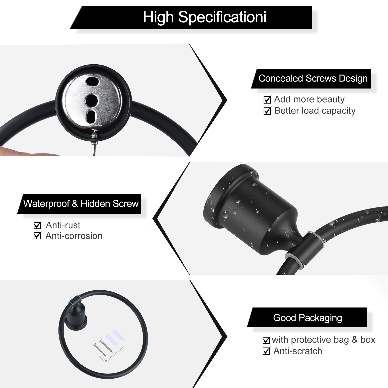 Set de accesorios de baño decorativos negro de 4 piezas WOWOW - Porta papel higiénico, anillo para toallas, gancho para batas incluidos 4031201B