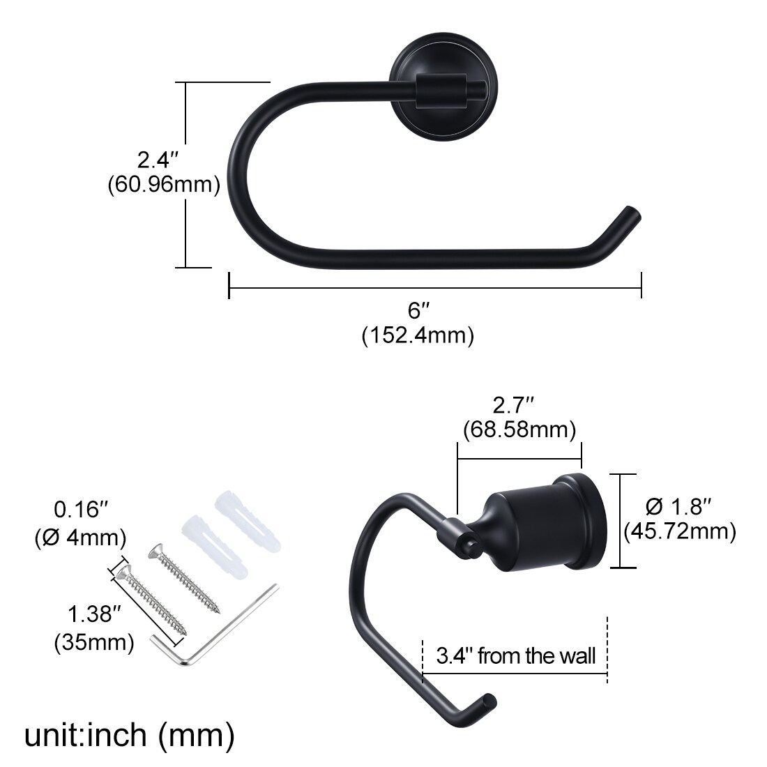 Set de accesorios de baño decorativos negro de 4 piezas WOWOW - Porta papel higiénico, anillo para toallas, gancho para batas incluidos 4031201B