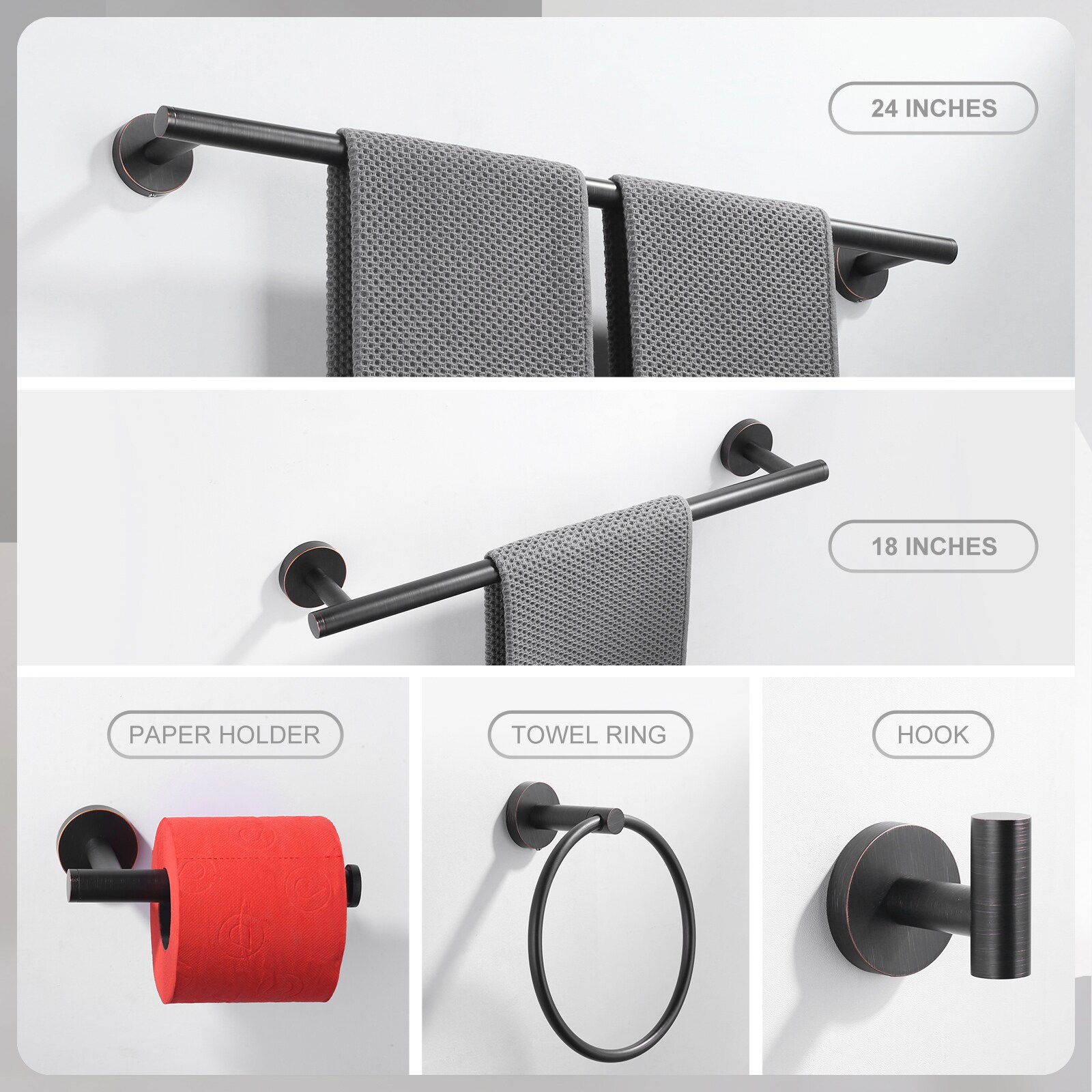 Juego de 6 piezas de accesorios decorativos para baño en bronce en aceite WOWOW - Barra de toalla, portarrollos de papel higiénico, argolla de toalla, gancho para batas incluidos 410016RB