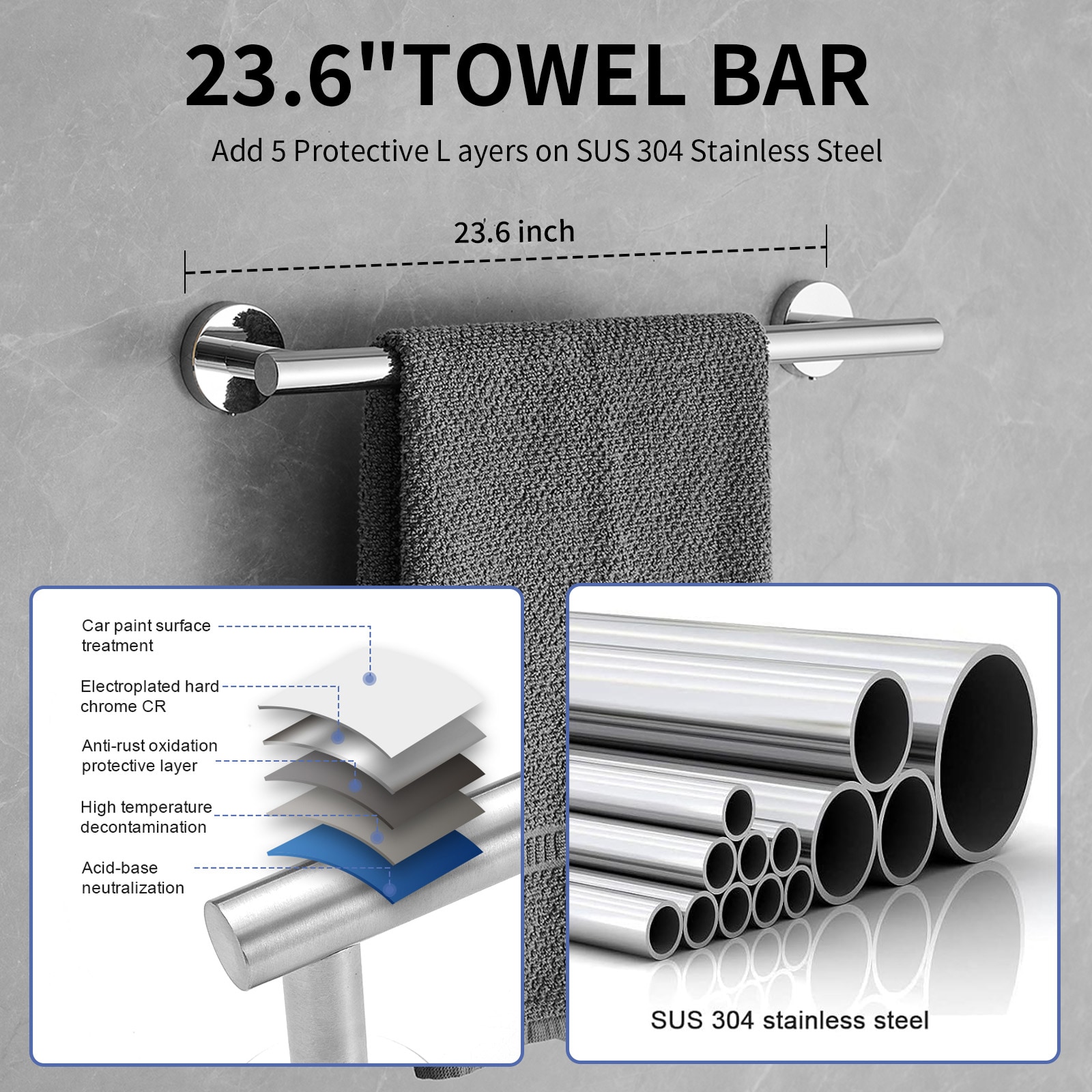 Juego de Accesorios de Baño Decorativo de Cromo Pulido de 5 Piezas - Barra para Toallas, Porta Papel de Baño, Argolla para Toallas y Gancho para Batas Incluidos A-91020-C