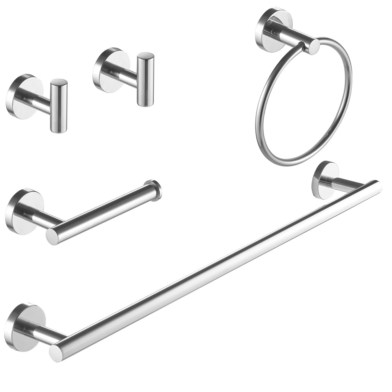 Juego de Accesorios de Baño Decorativo de Cromo Pulido de 5 Piezas - Barra para Toallas, Porta Papel de Baño, Argolla para Toallas y Gancho para Batas Incluidos A-91020-C