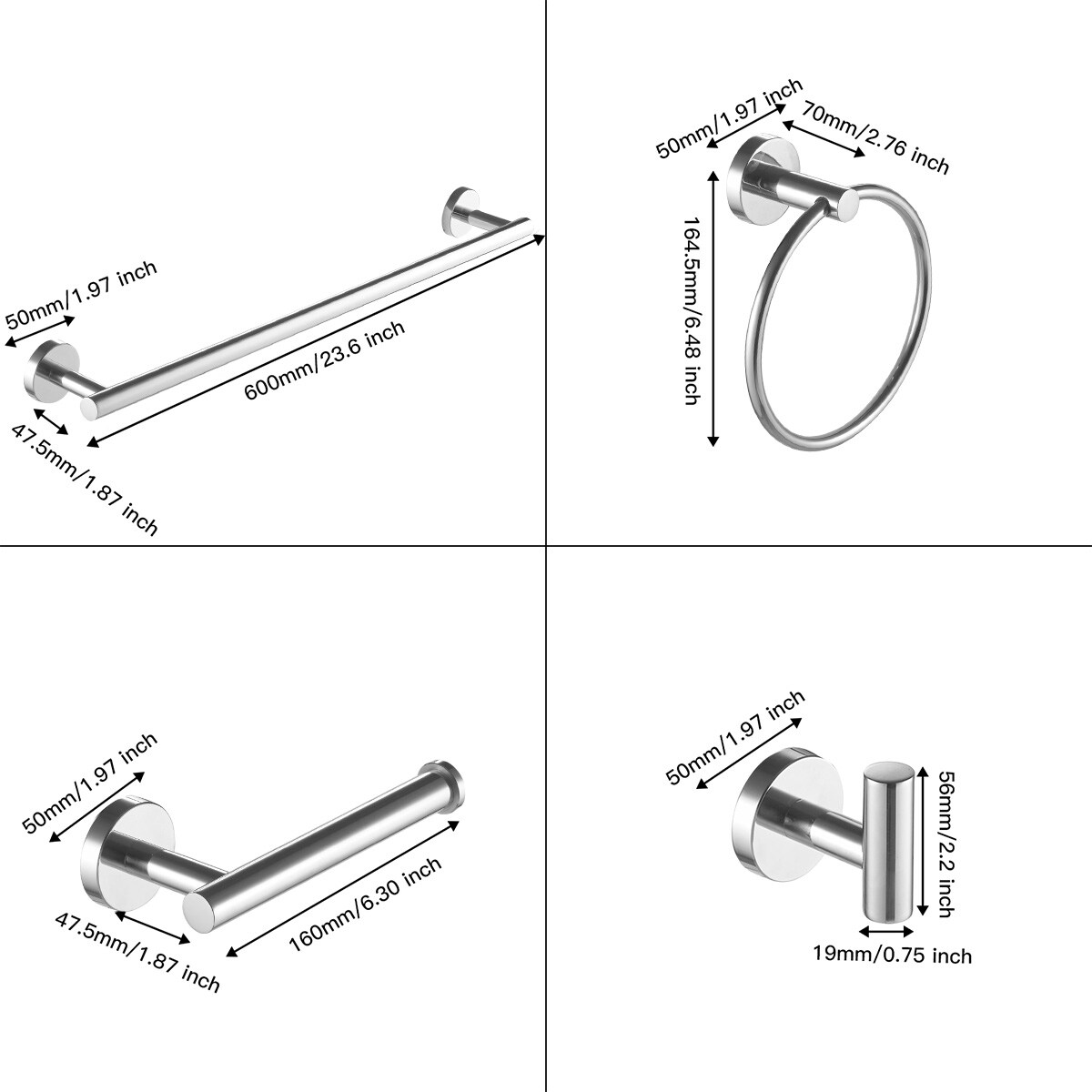 Juego de 6 piezas de accesorios de baño decorativos cromados pulidos con barra de toallas, portarrollos de papel higiénico, anillo de toallas y gancho para batas incluidos A-91020-6-C