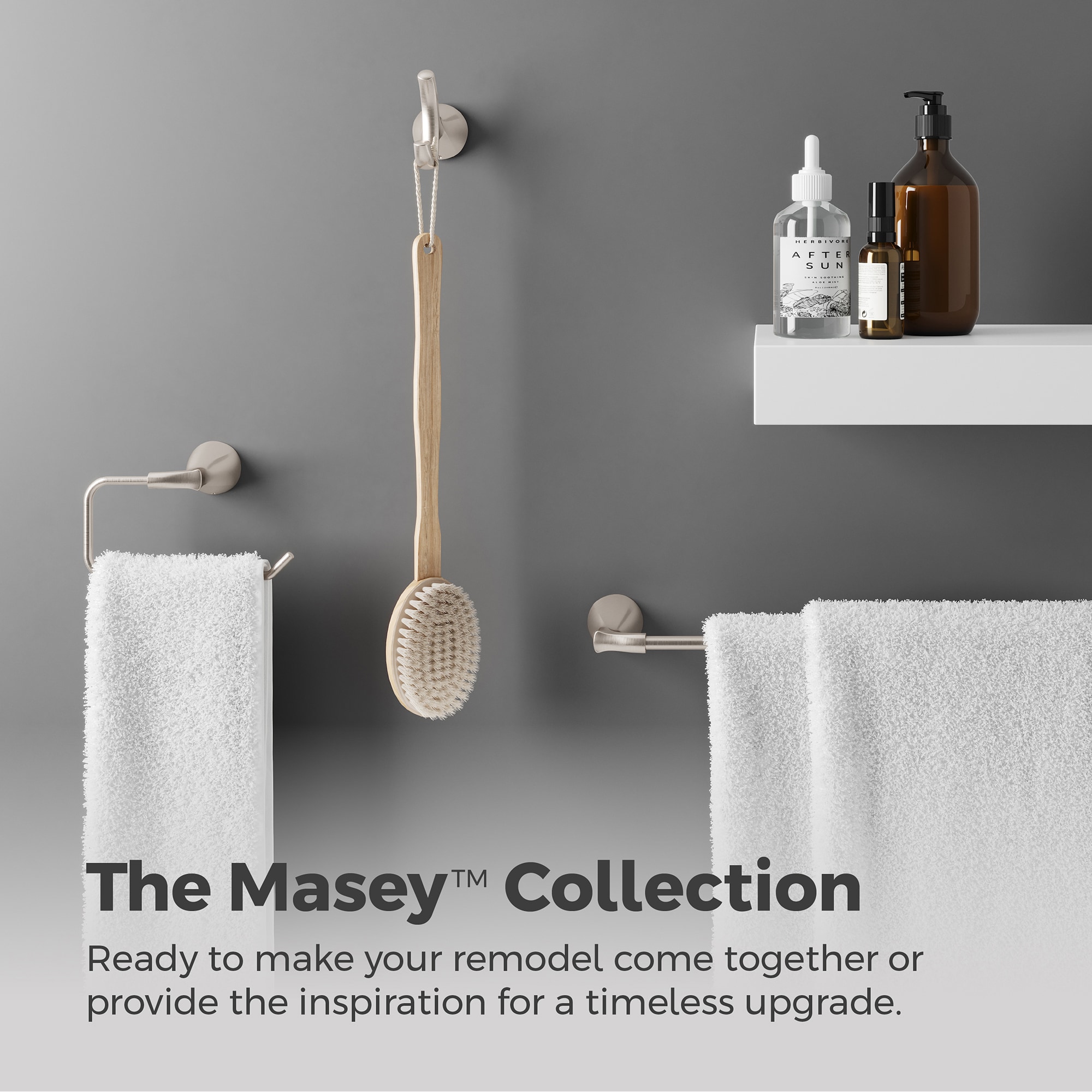 Juego de Accesorios Decorativos para Baño en Níquel Cepillado de 3 Piezas Pfister Masey - Barra de Toallas, Porta Papel Higiénico, Anillo para Toallas, Incluidos BTB-MC3KK