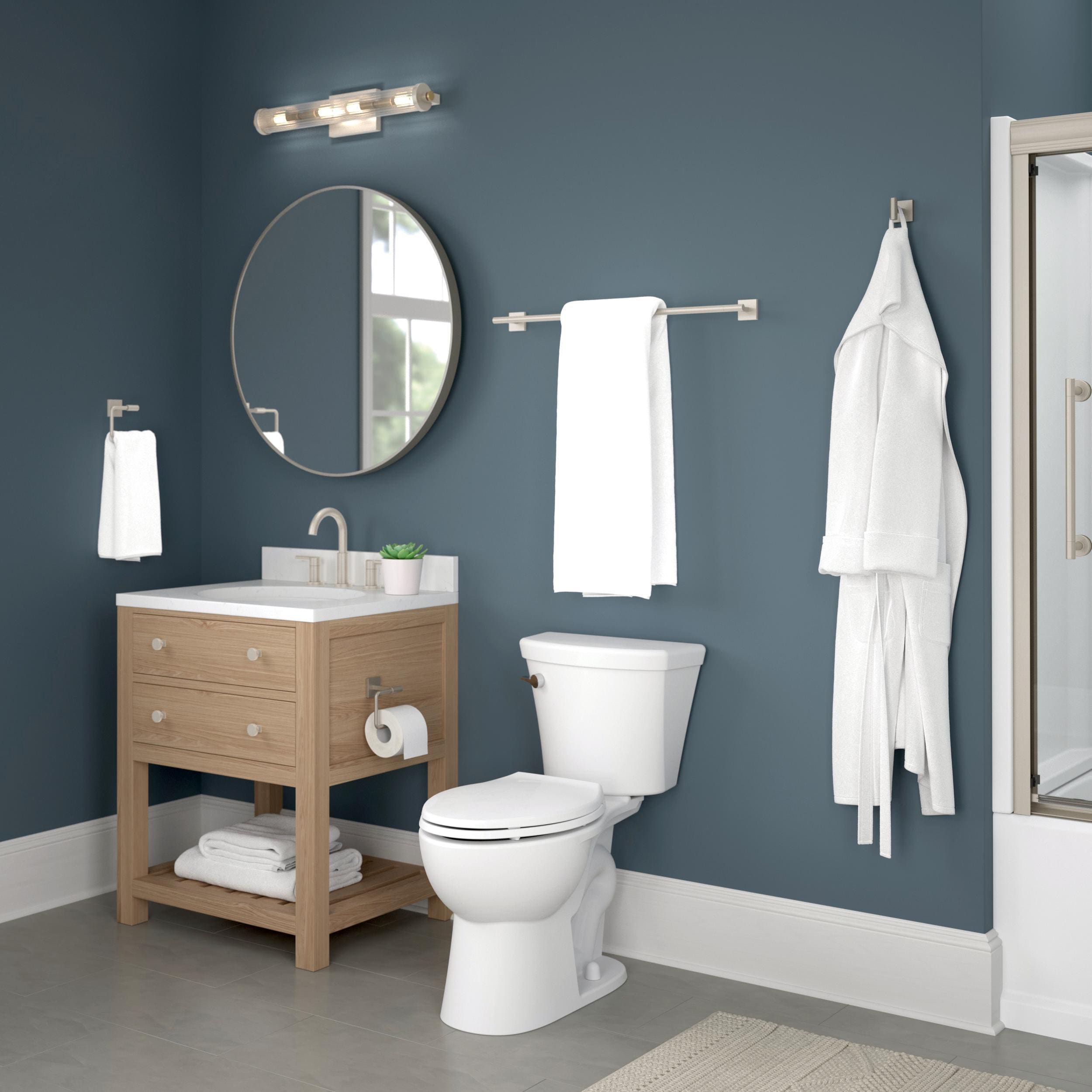 Juego de accesorios de baño decorativos de 4 piezas en níquel satinado Franklin Brass Nash, incluye barras para toallas, portarrollos de papel higiénico, argolla para toalla y gancho para batas. NASH64-BN.