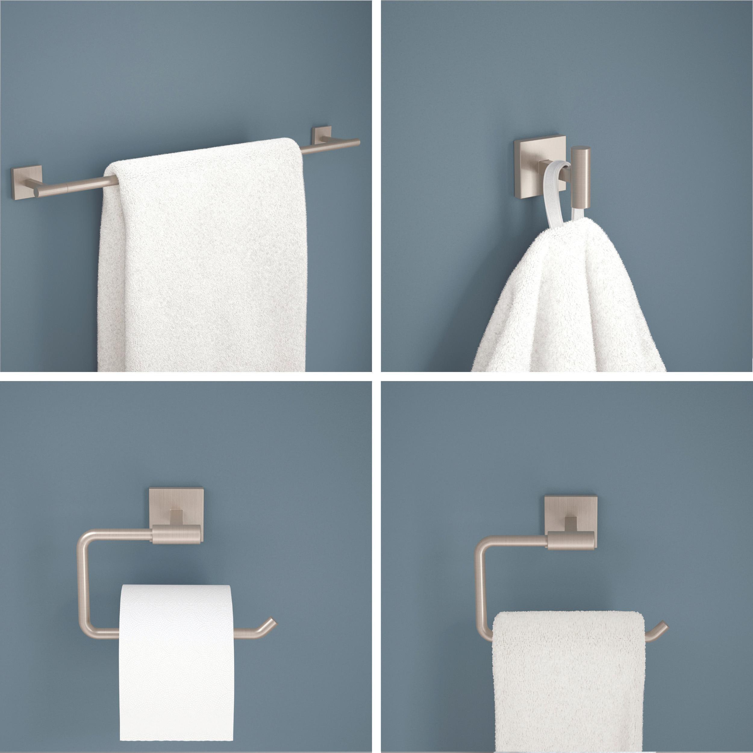 Juego de accesorios de baño decorativos de 4 piezas en níquel satinado Franklin Brass Nash, incluye barras para toallas, portarrollos de papel higiénico, argolla para toalla y gancho para batas. NASH64-BN.