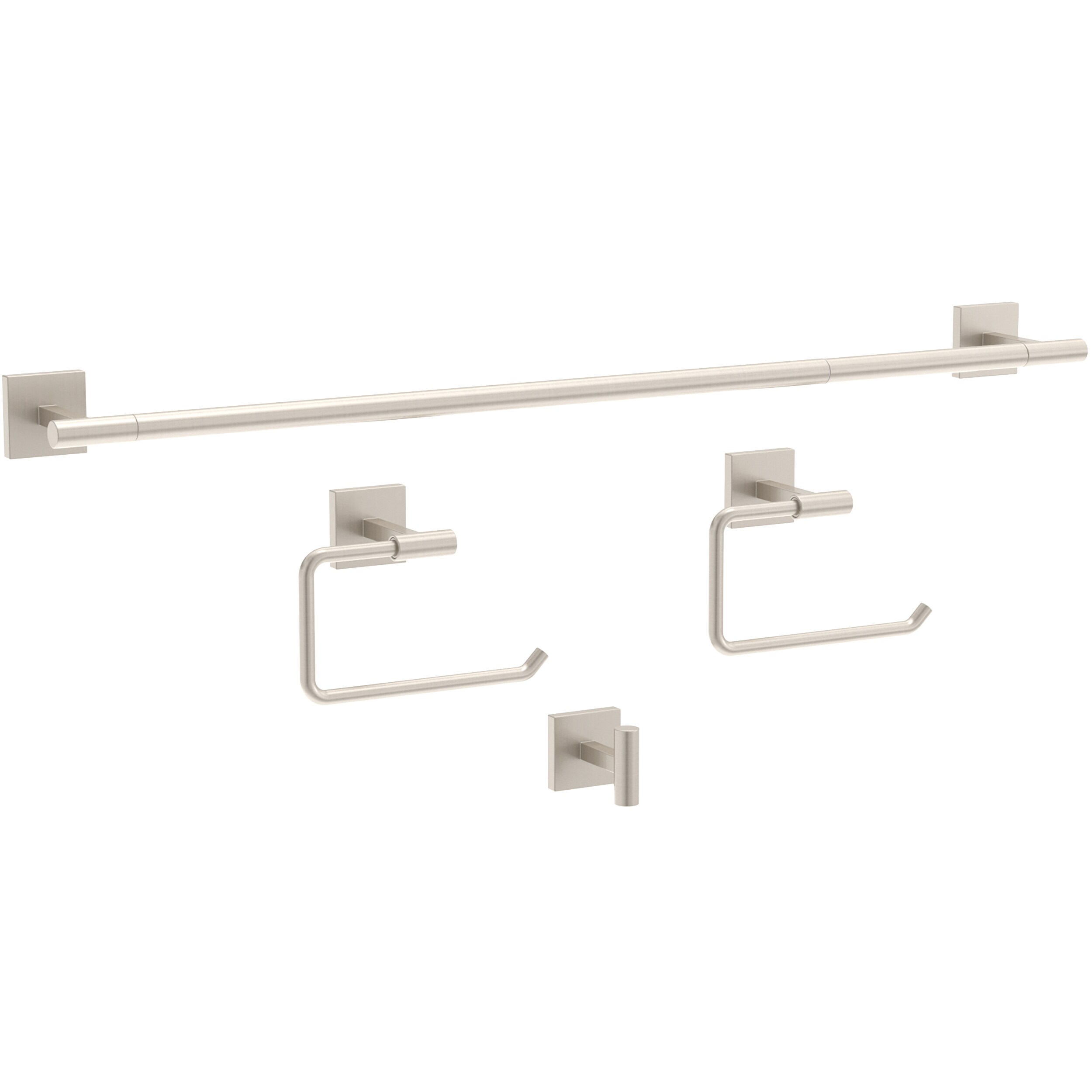 Juego de accesorios de baño decorativos de 4 piezas en níquel satinado Franklin Brass Nash, incluye barras para toallas, portarrollos de papel higiénico, argolla para toalla y gancho para batas. NASH64-BN.