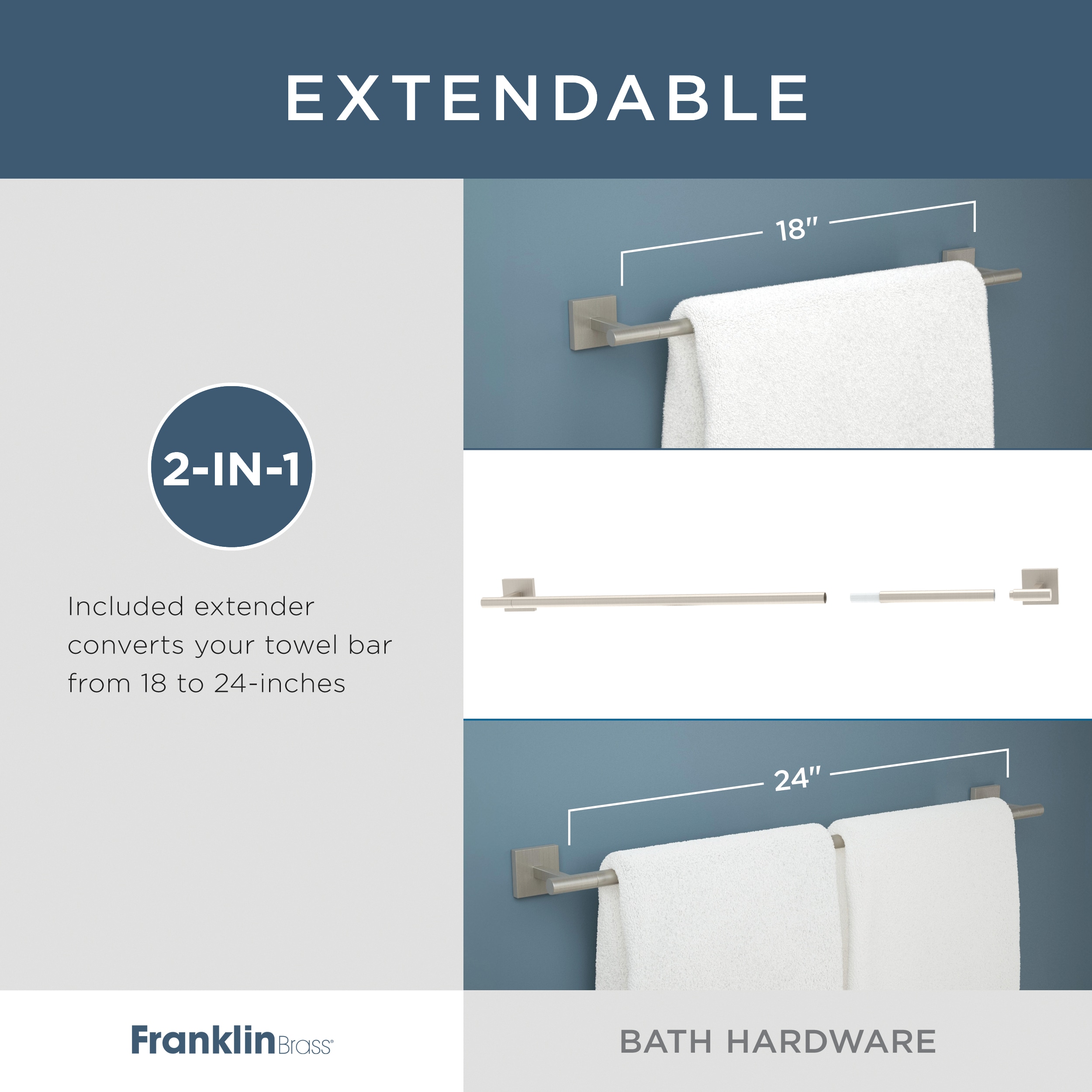 Juego de accesorios de baño decorativos de 4 piezas en níquel satinado Franklin Brass Nash, incluye barras para toallas, portarrollos de papel higiénico, argolla para toalla y gancho para batas. NASH64-BN.