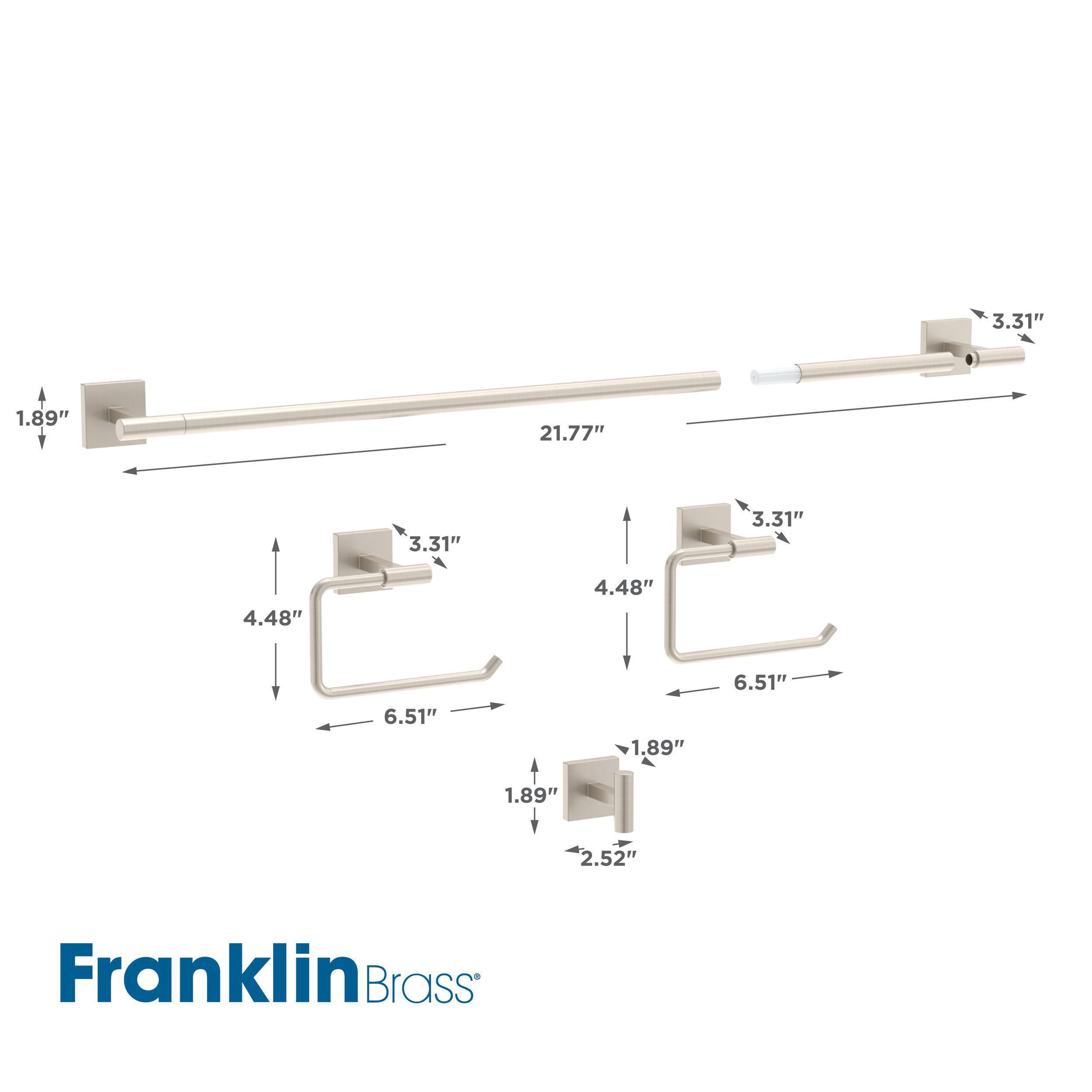 Juego de accesorios de baño decorativos de 4 piezas en níquel satinado Franklin Brass Nash, incluye barras para toallas, portarrollos de papel higiénico, argolla para toalla y gancho para batas. NASH64-BN.