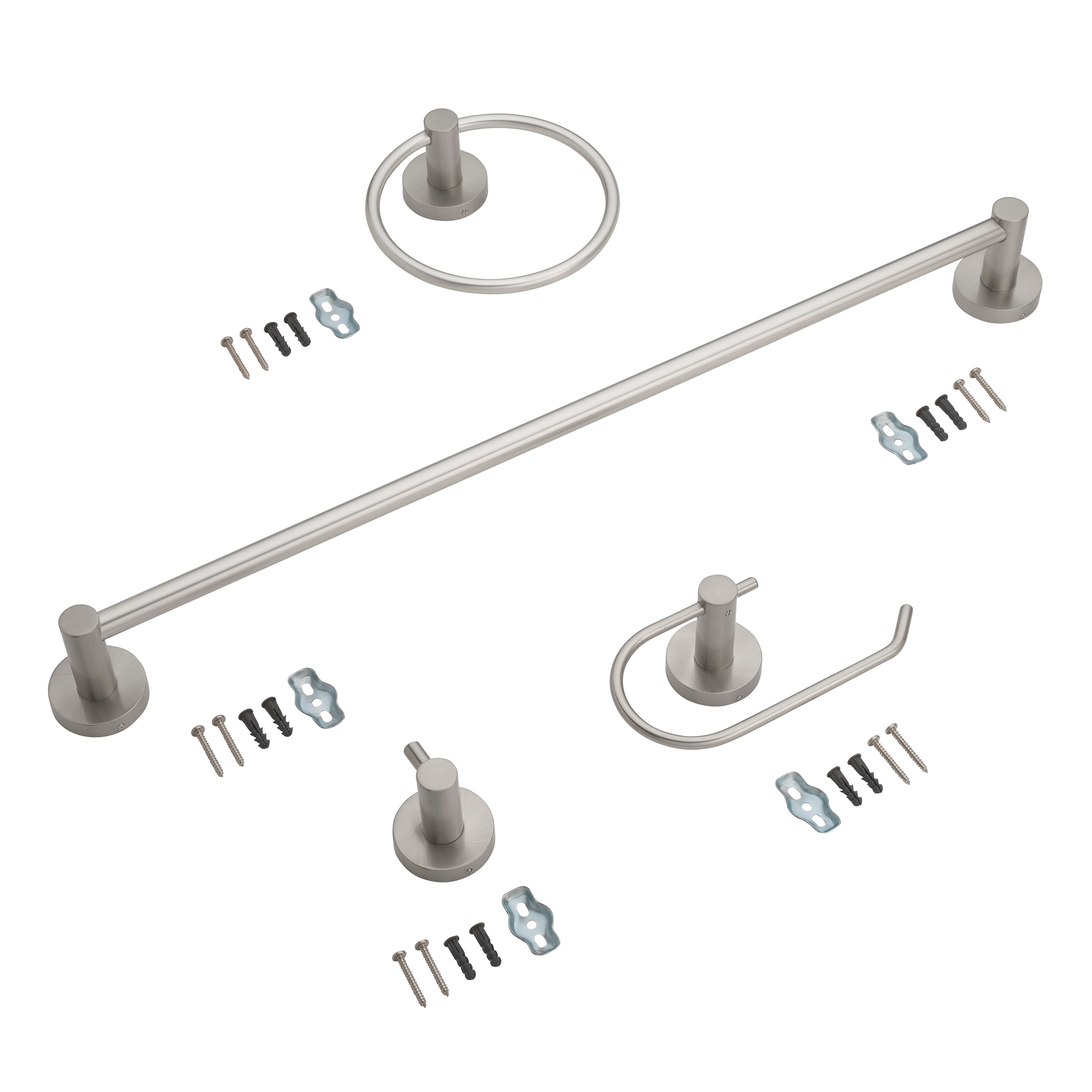 Juego de accesorios para baño en níquel cepillado gris de 4 piezas de Project Source - Incluye barra de toalla, portarrollos, argolla de toalla y gancho para batas
