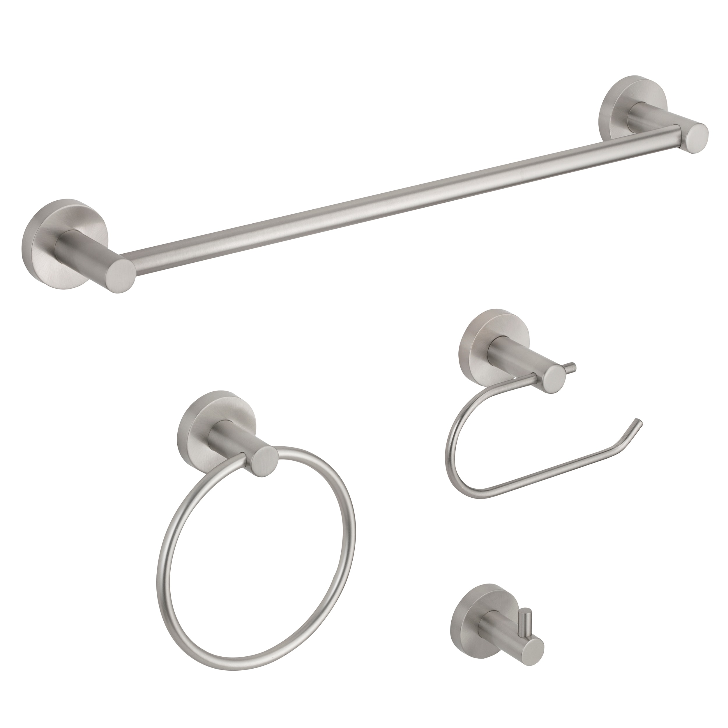 Juego de accesorios para baño en níquel cepillado gris de 4 piezas de Project Source - Incluye barra de toalla, portarrollos, argolla de toalla y gancho para batas
