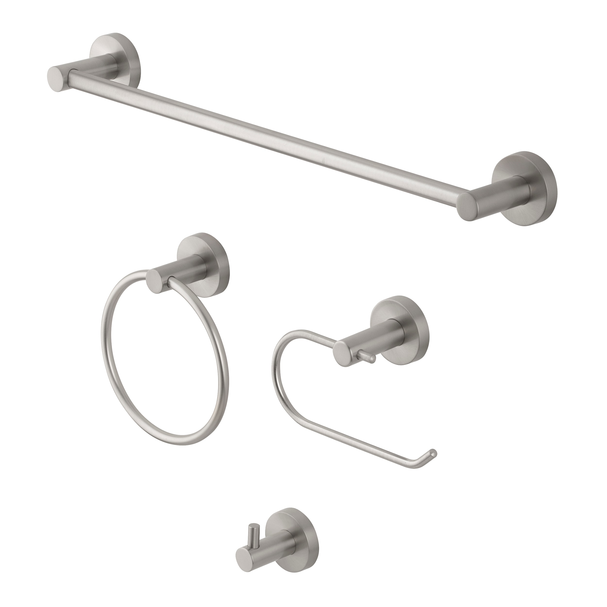 Juego de accesorios para baño en níquel cepillado gris de 4 piezas de Project Source - Incluye barra de toalla, portarrollos, argolla de toalla y gancho para batas