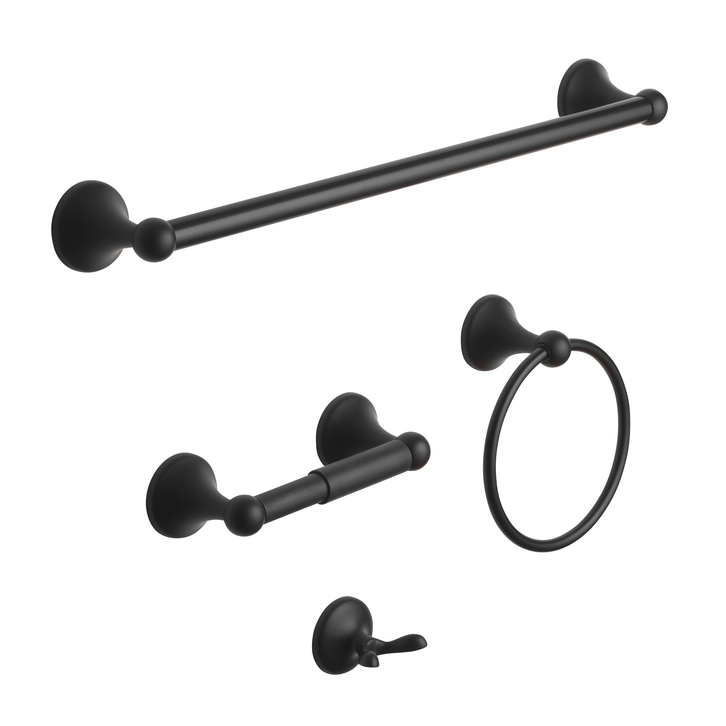 Juego de Accesorios para Baño Decorativo en Negro Mate de Madera Woodlawn de 4 Piezas - Incluye Barra de Toallas, Porta Papel de Baño, Anillo de Toallas y Gancho para Batas