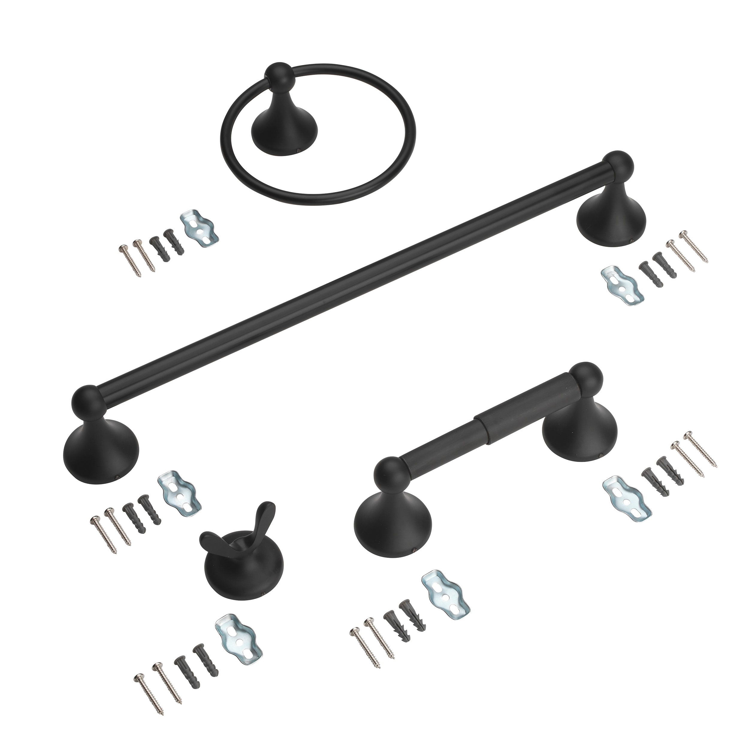 Juego de Accesorios para Baño Decorativo en Negro Mate de Madera Woodlawn de 4 Piezas - Incluye Barra de Toallas, Porta Papel de Baño, Anillo de Toallas y Gancho para Batas