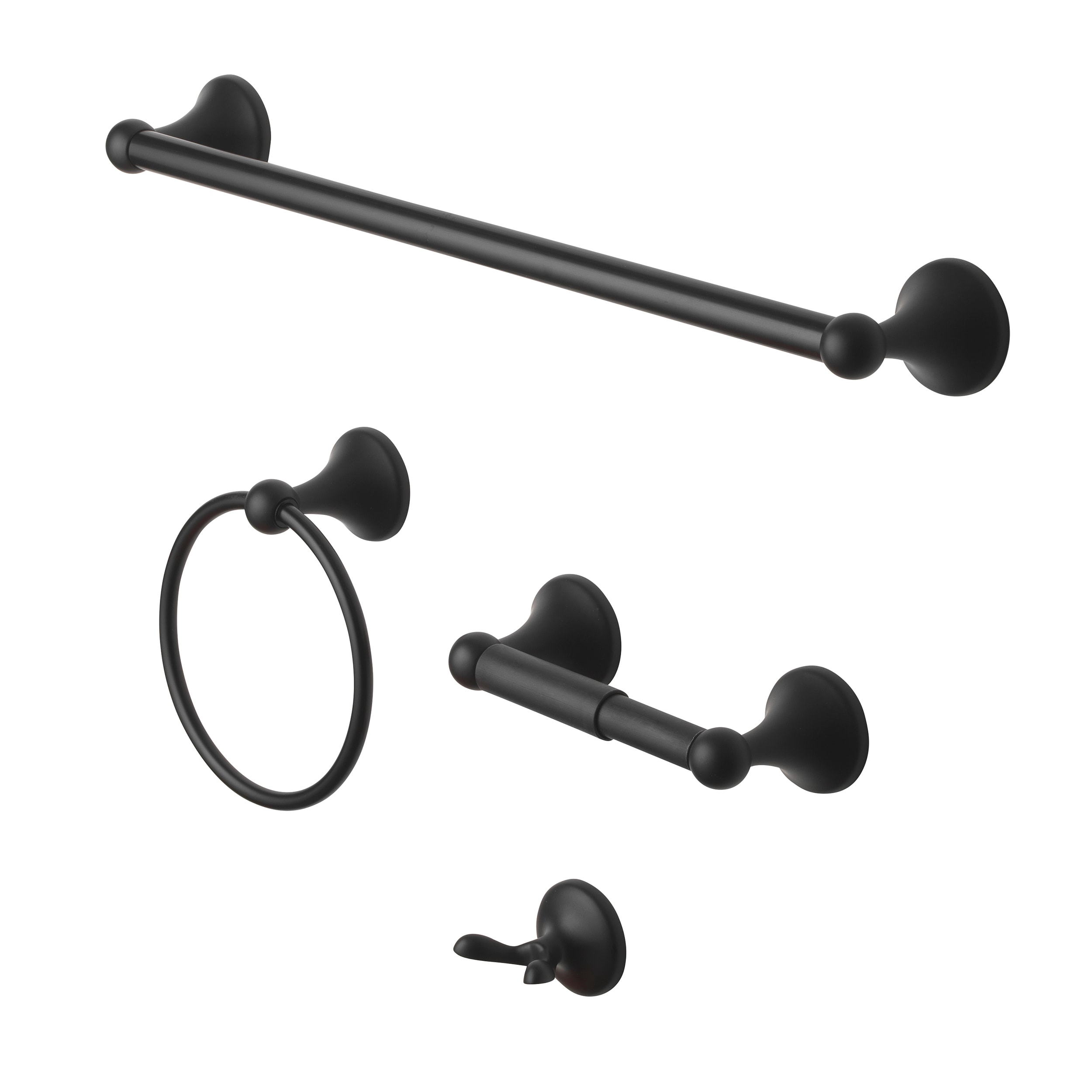 Juego de Accesorios para Baño Decorativo en Negro Mate de Madera Woodlawn de 4 Piezas - Incluye Barra de Toallas, Porta Papel de Baño, Anillo de Toallas y Gancho para Batas
