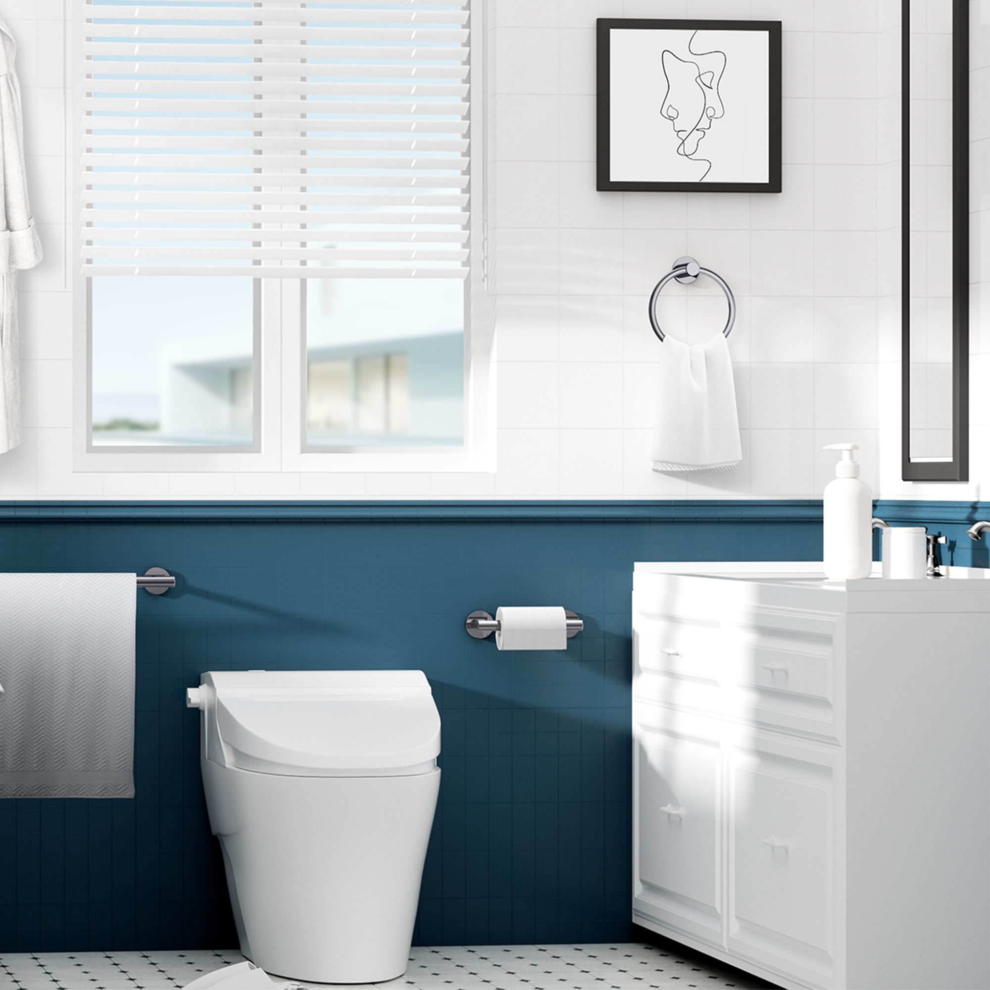 Juego de accesorios de baño decorativos cromados pulidos de 2 piezas - Portarrollos de papel higiénico y argolla para toalla incluidos
