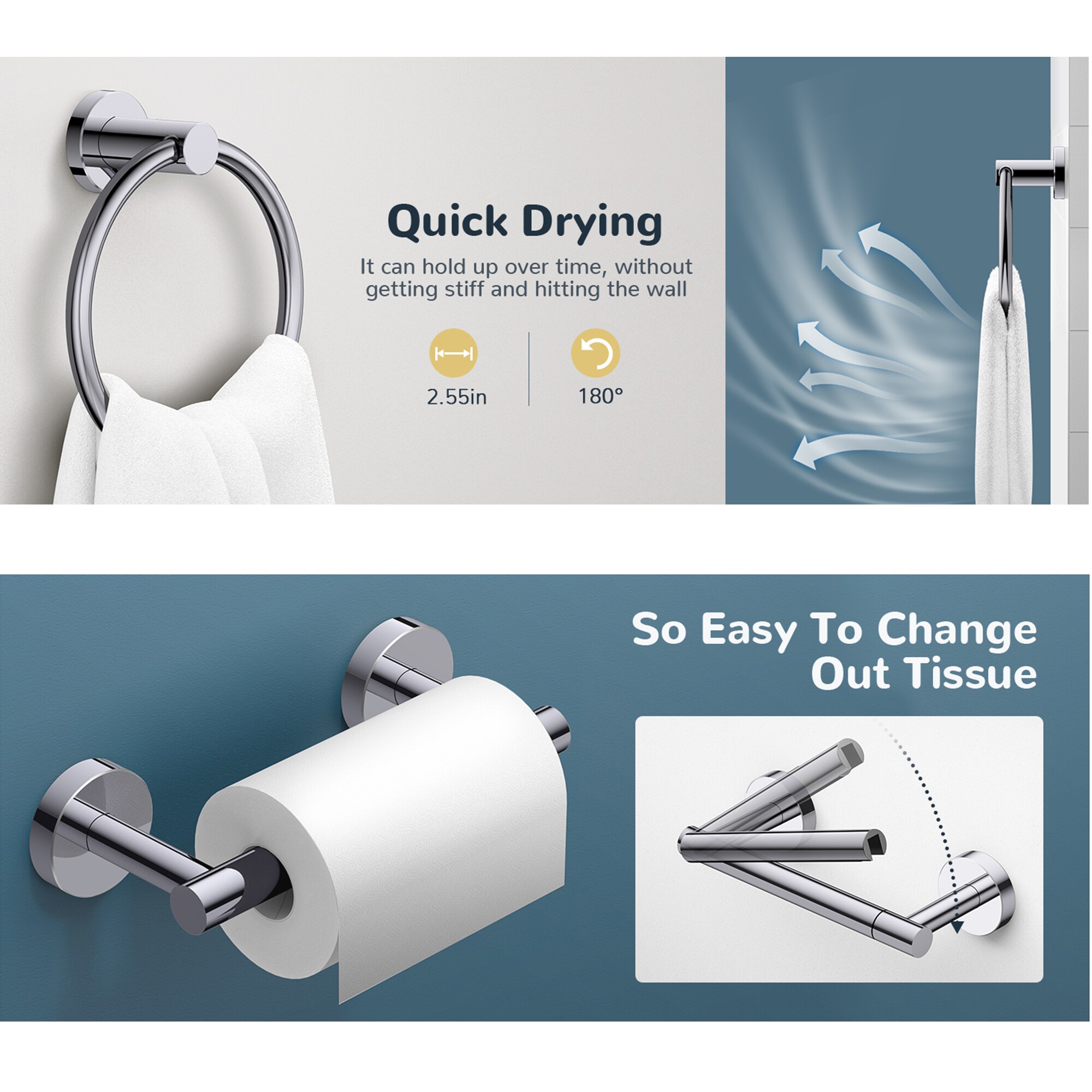 Juego de accesorios de baño decorativos cromados pulidos de 2 piezas - Portarrollos de papel higiénico y argolla para toalla incluidos
