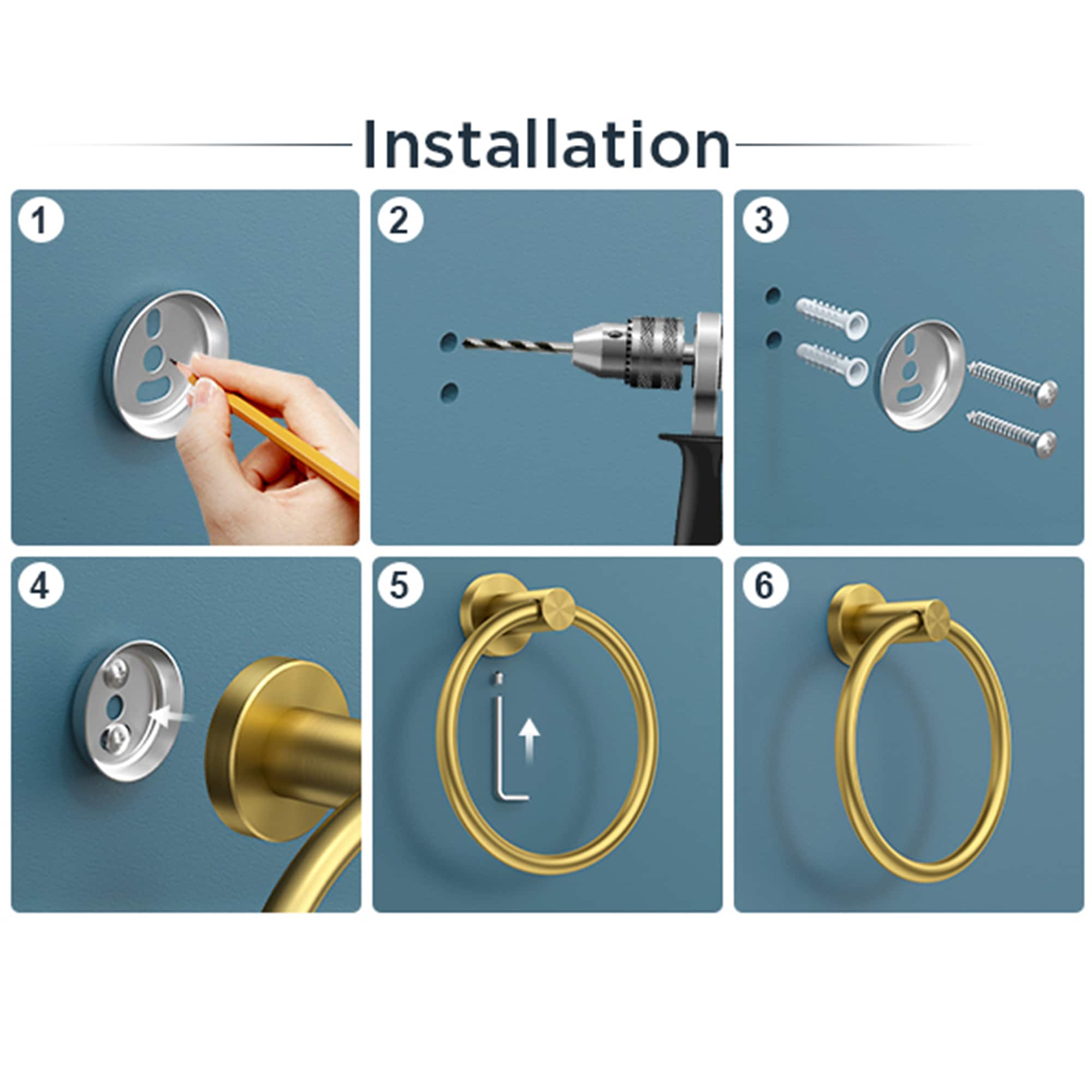 Juego de accesorios de baño decorativos en tono dorado cepillado de 2 piezas - Portarrollos de papel higiénico, argolla para toalla, incluido LG11901