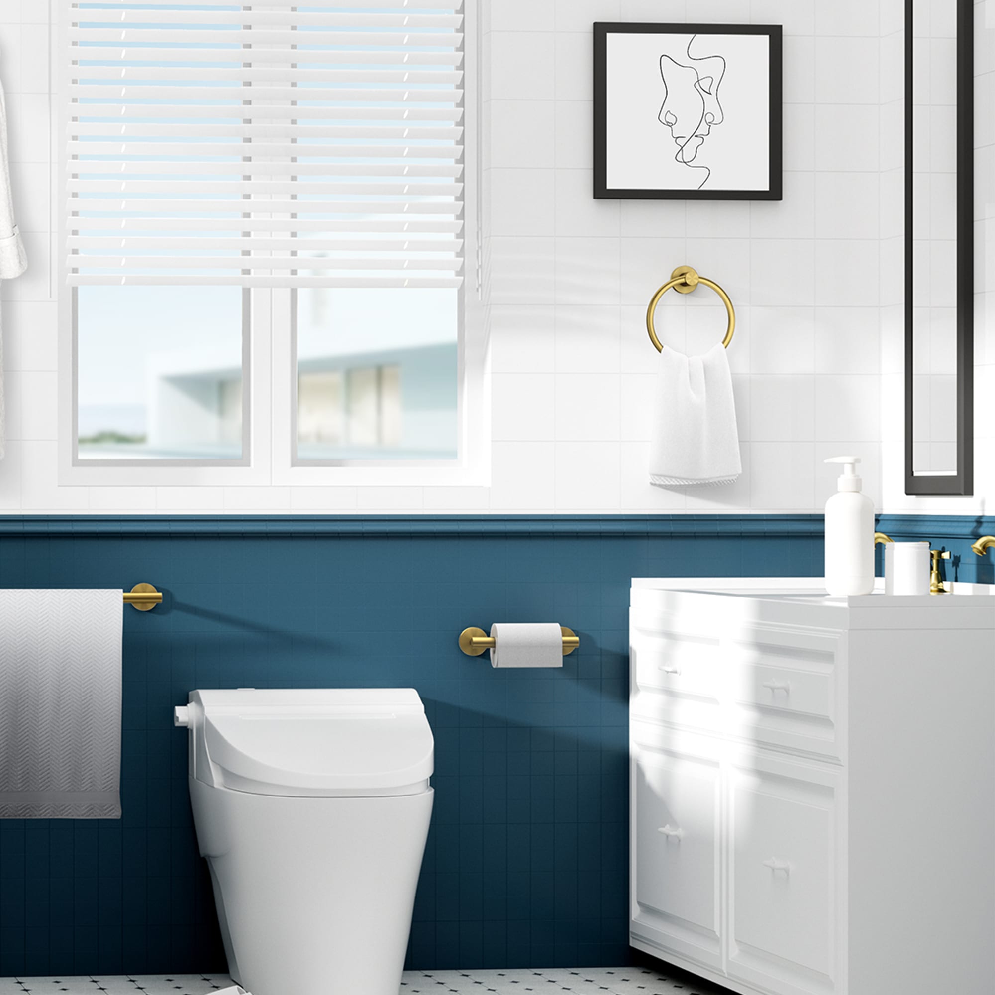 Juego de accesorios de baño decorativos en tono dorado cepillado de 2 piezas - Portarrollos de papel higiénico, argolla para toalla, incluido LG11901