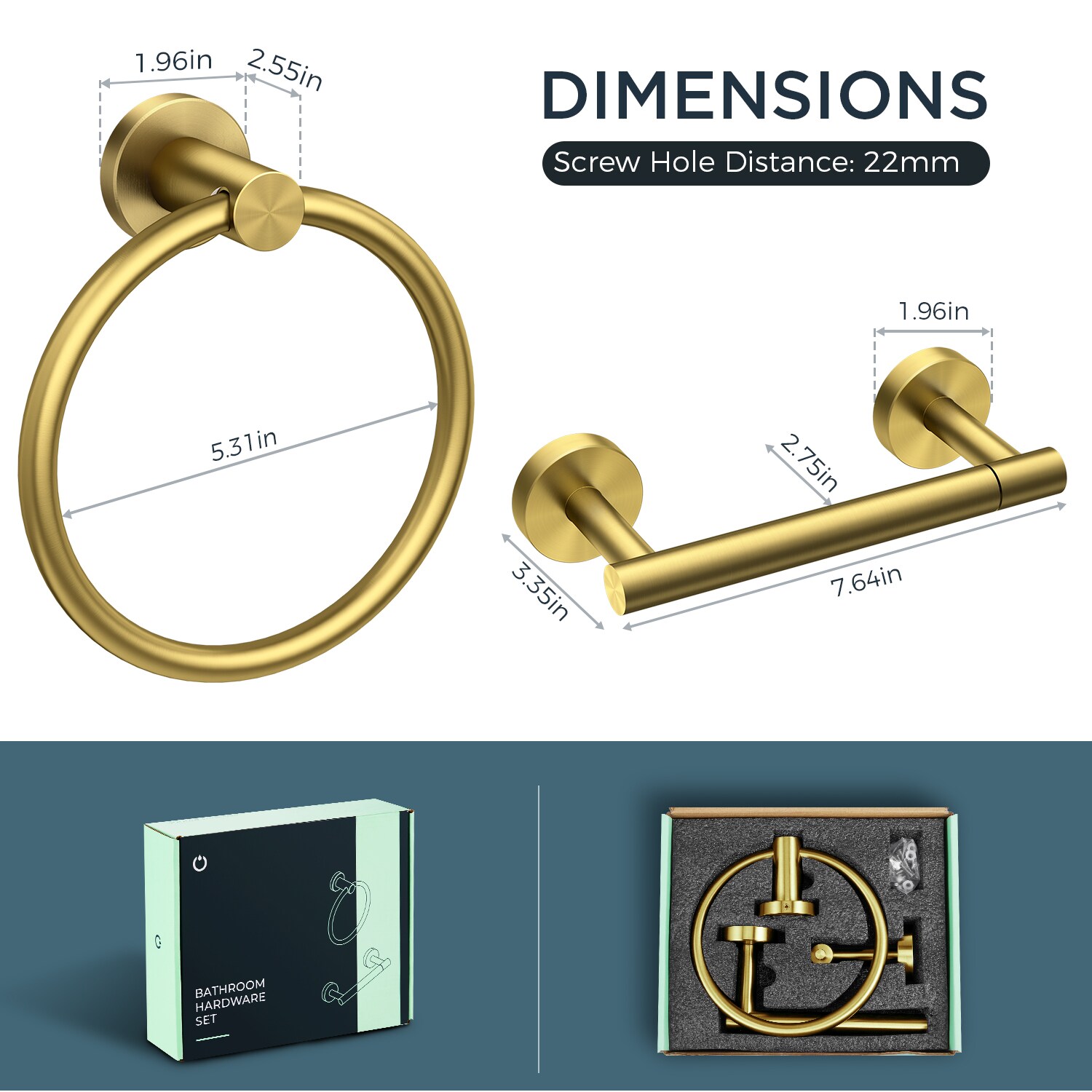 Juego de accesorios de baño decorativos en tono dorado cepillado de 2 piezas - Portarrollos de papel higiénico, argolla para toalla, incluido LG11901