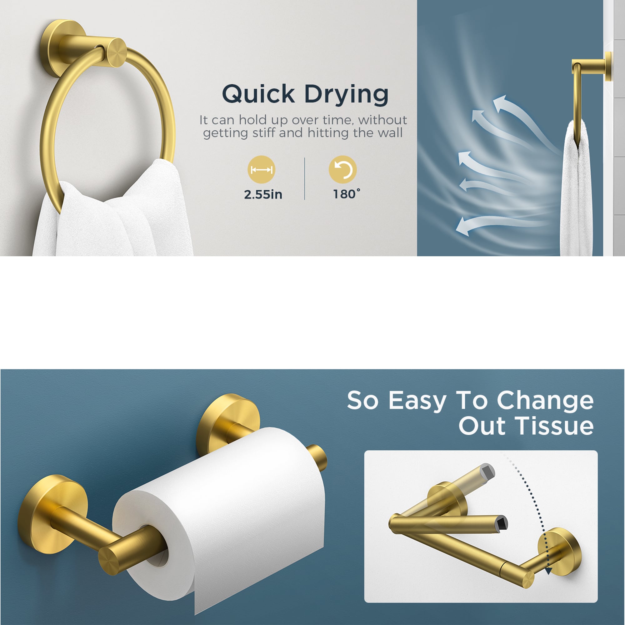 Juego de accesorios de baño decorativos en tono dorado cepillado de 2 piezas - Portarrollos de papel higiénico, argolla para toalla, incluido LG11901