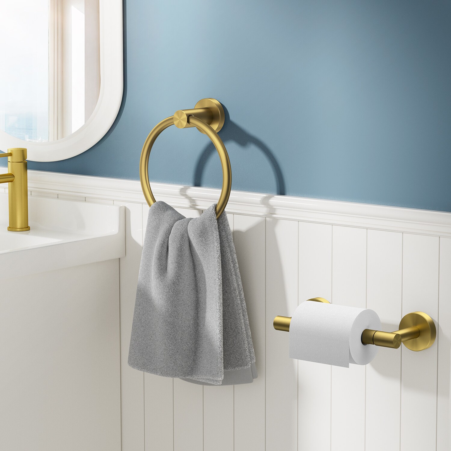 Juego de accesorios de baño decorativos en tono dorado cepillado de 2 piezas - Portarrollos de papel higiénico, argolla para toalla, incluido LG11901