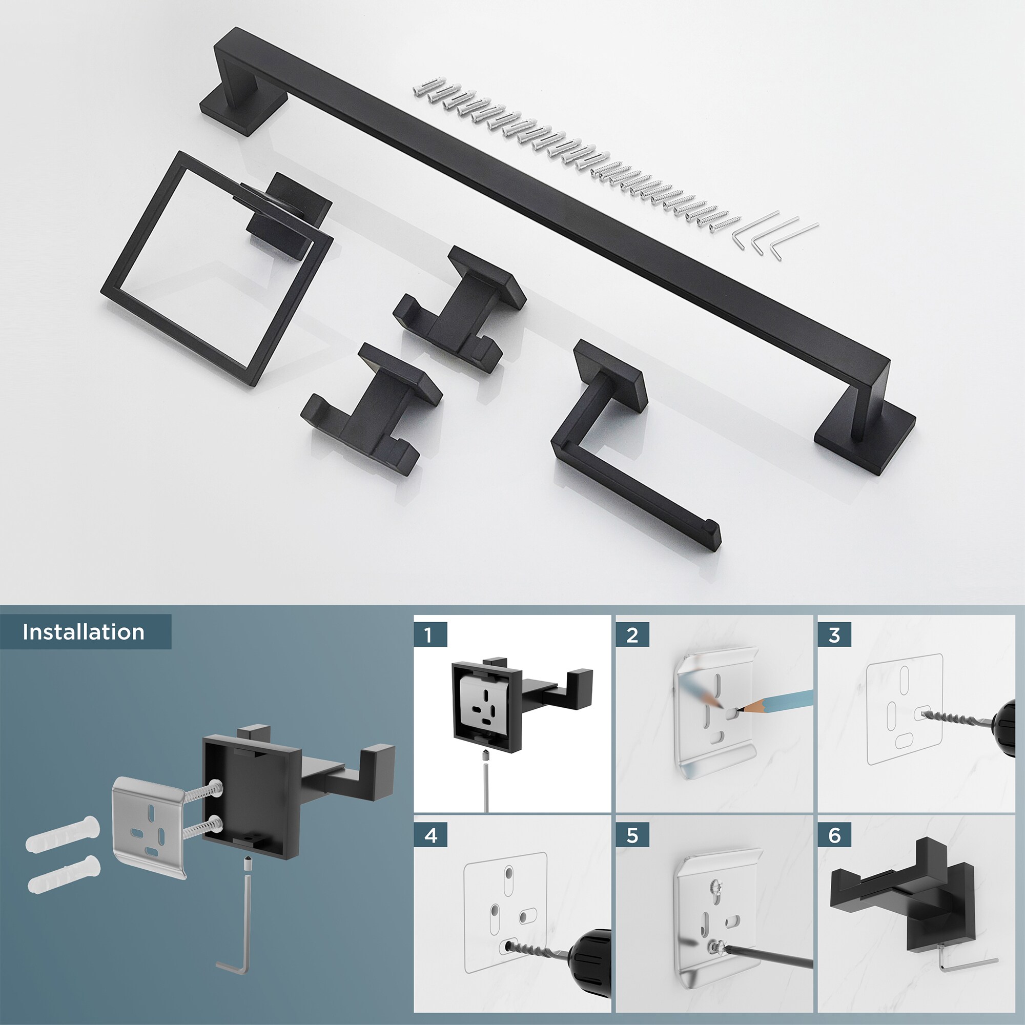 Juego de accesorios de baño decorativos de 5 piezas en negro mate FURUISI, incluye barra de toalla, portarrollos de papel higiénico, argolla de toalla y gancho para batas LL19A3B5A.