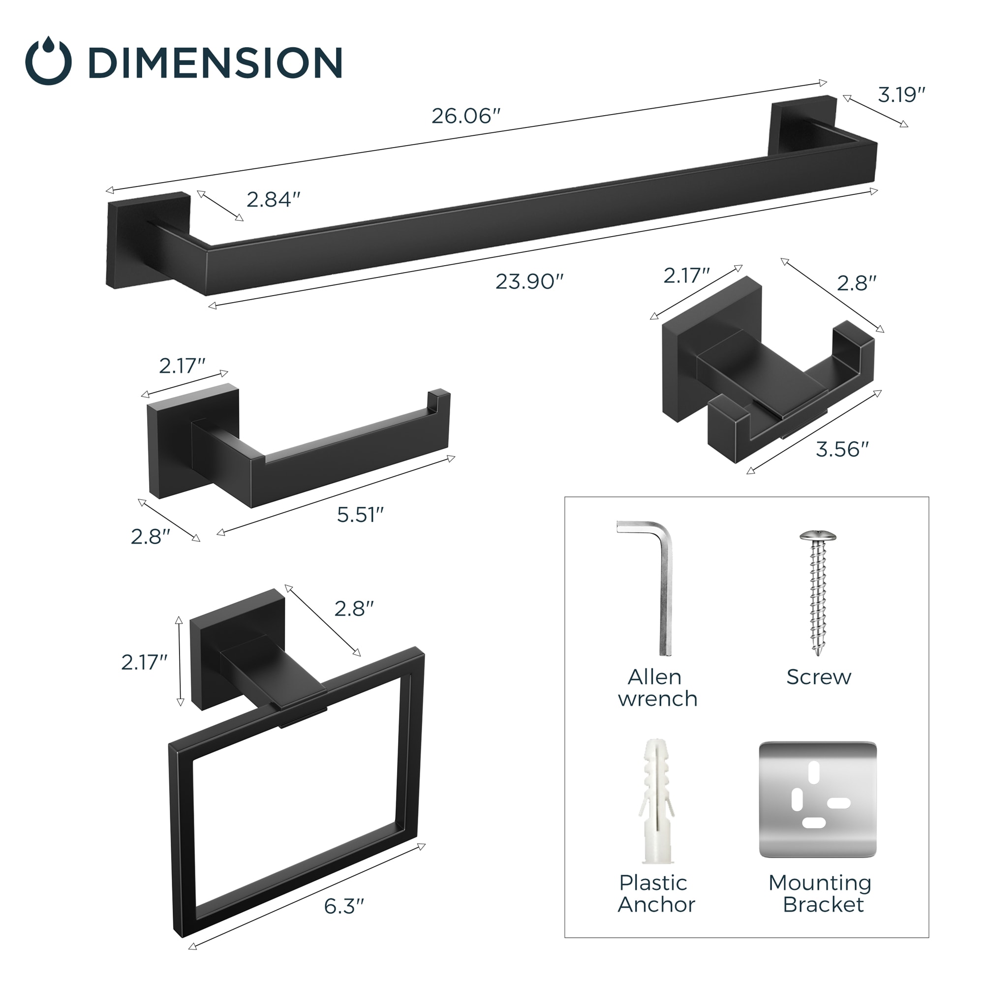 Juego de accesorios de baño decorativos de 5 piezas en negro mate FURUISI, incluye barra de toalla, portarrollos de papel higiénico, argolla de toalla y gancho para batas LL19A3B5A.
