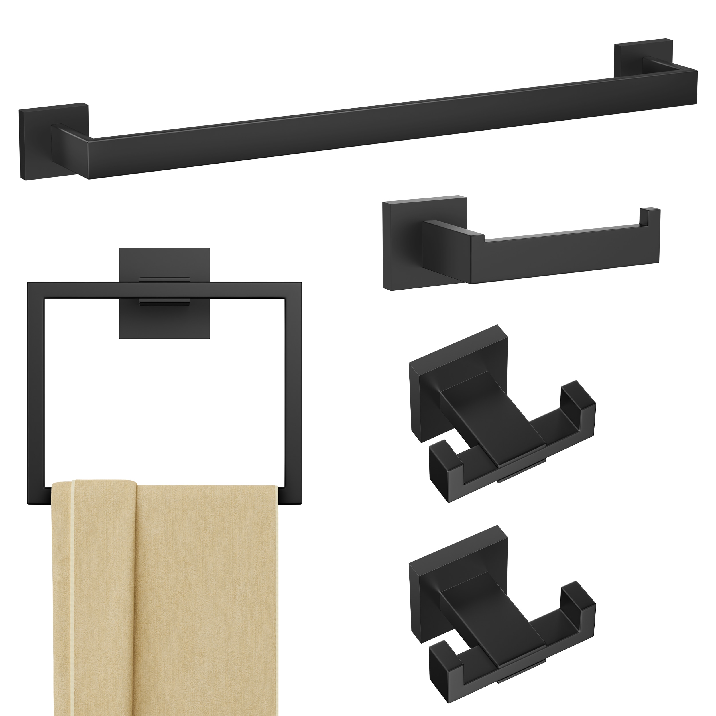 Juego de accesorios de baño decorativos de 5 piezas en negro mate FURUISI, incluye barra de toalla, portarrollos de papel higiénico, argolla de toalla y gancho para batas LL19A3B5A.