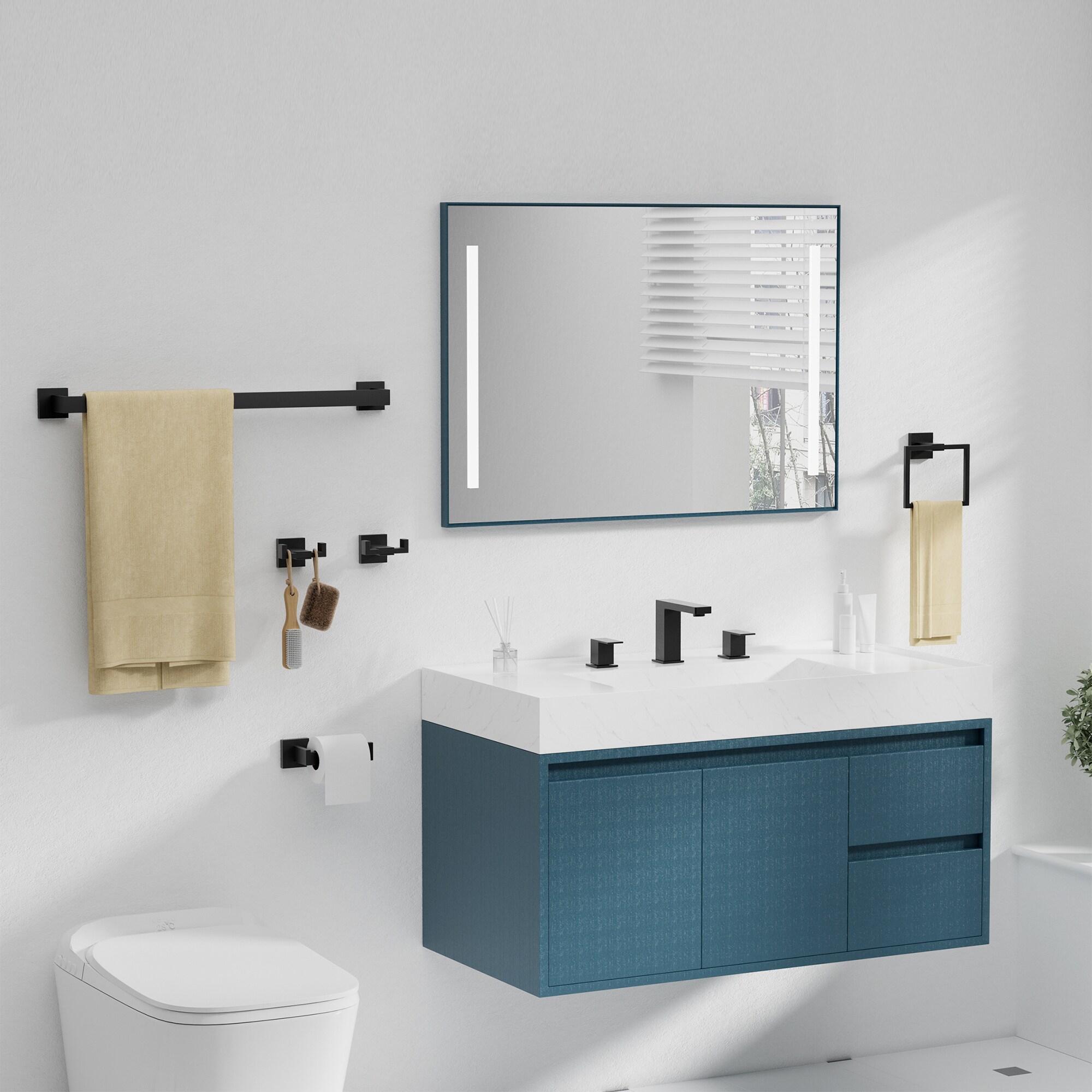 Juego de accesorios de baño decorativos de 5 piezas en negro mate FURUISI, incluye barra de toalla, portarrollos de papel higiénico, argolla de toalla y gancho para batas LL19A3B5A.